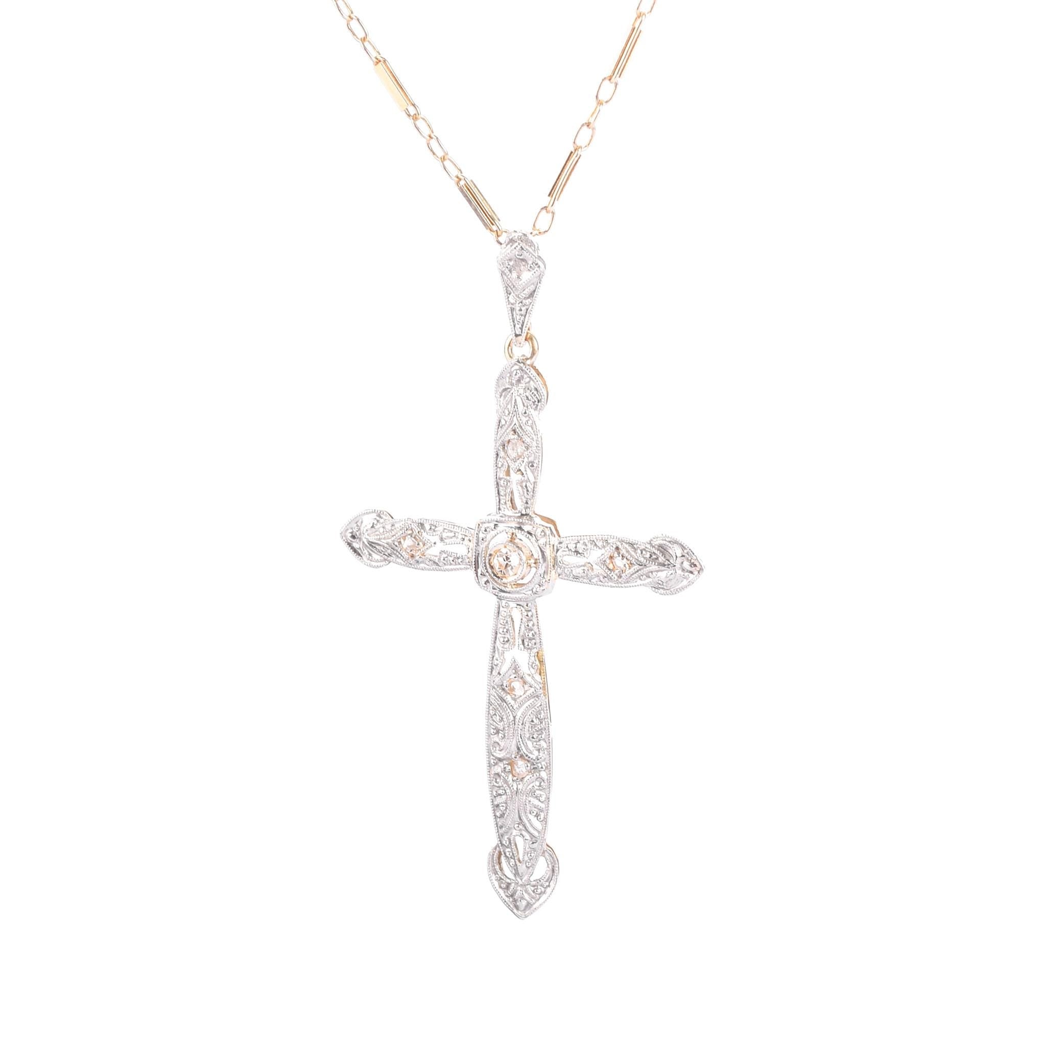 Art Deco Platinum, 18K Gold, & Diamond Cross Pendant