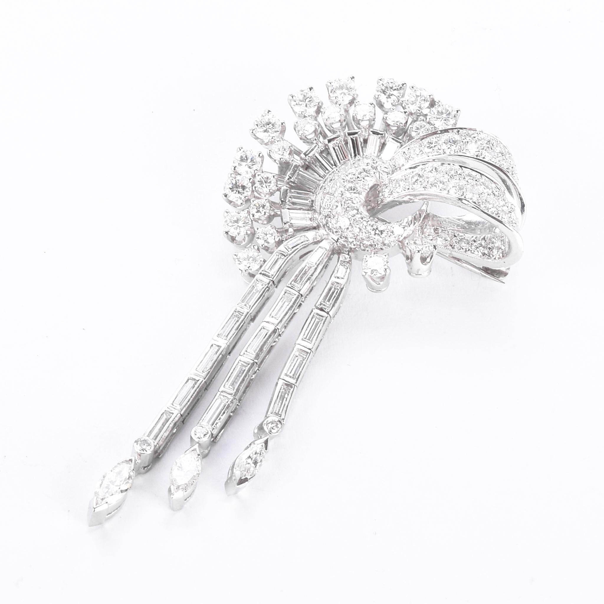 Platinum 3.70 TCW Natural Diamond Art Deco Ribbon Spray Pendant/Brooch