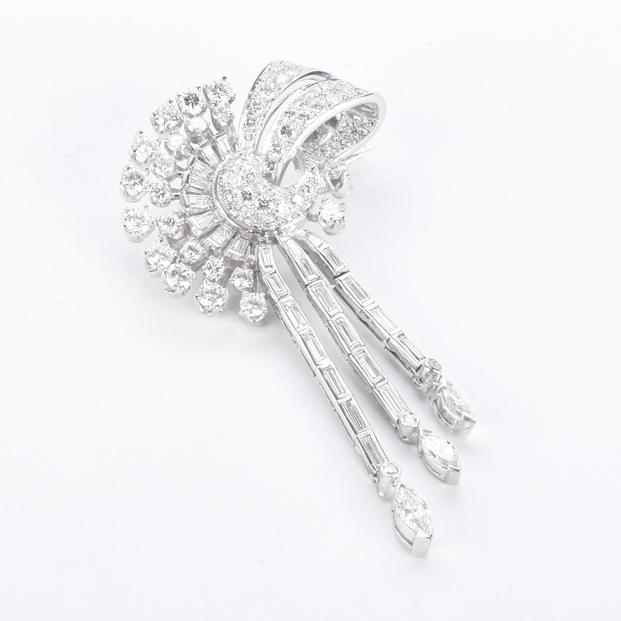 Platinum 3.70 TCW Natural Diamond Art Deco Ribbon Spray Pendant/Brooch