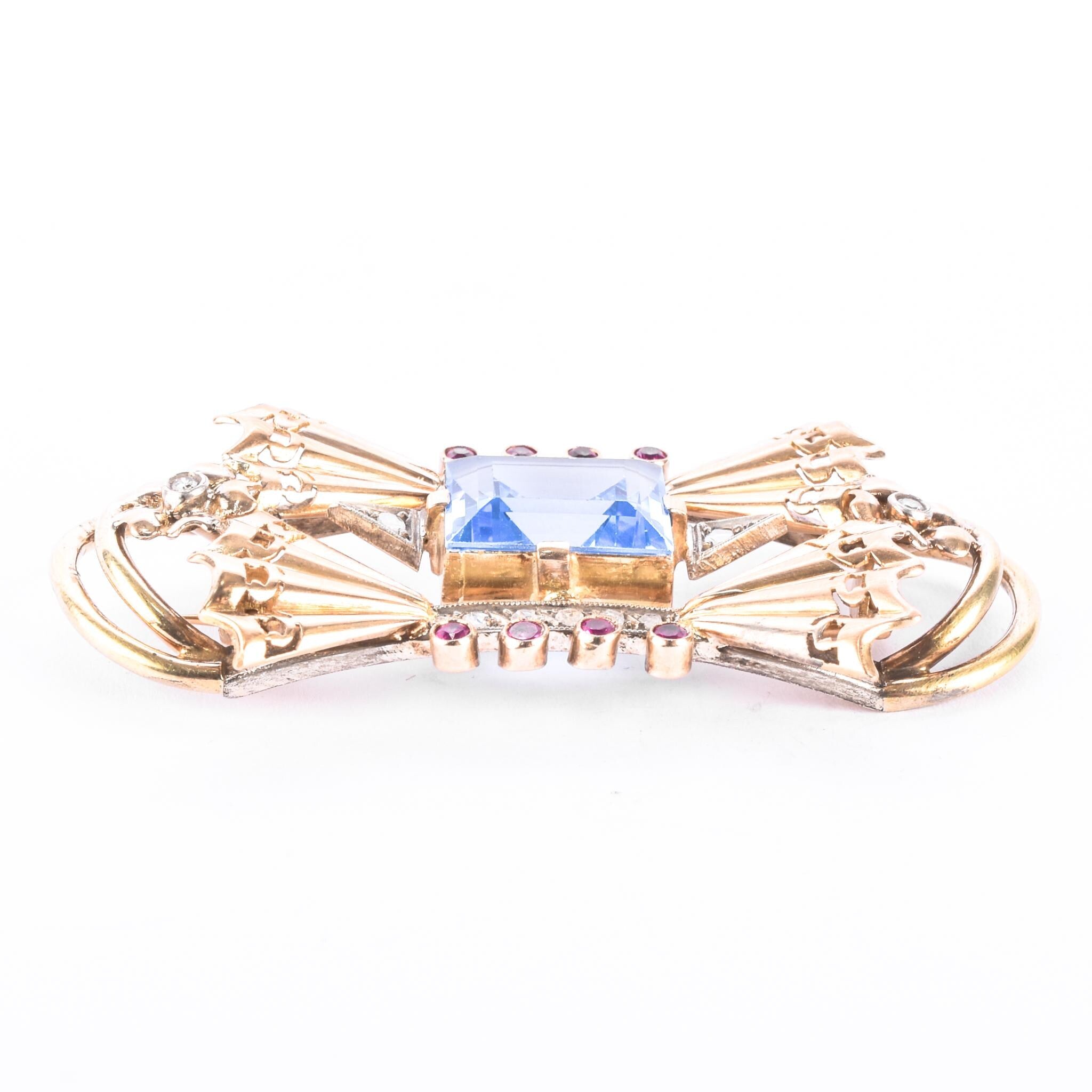 1940s 18K Gold Spinel, Ruby, and Natural Diamonds Geometric Bow Brooch
