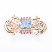 1940s 18K Gold Spinel, Ruby, and Natural Diamonds Geometric Bow Brooch