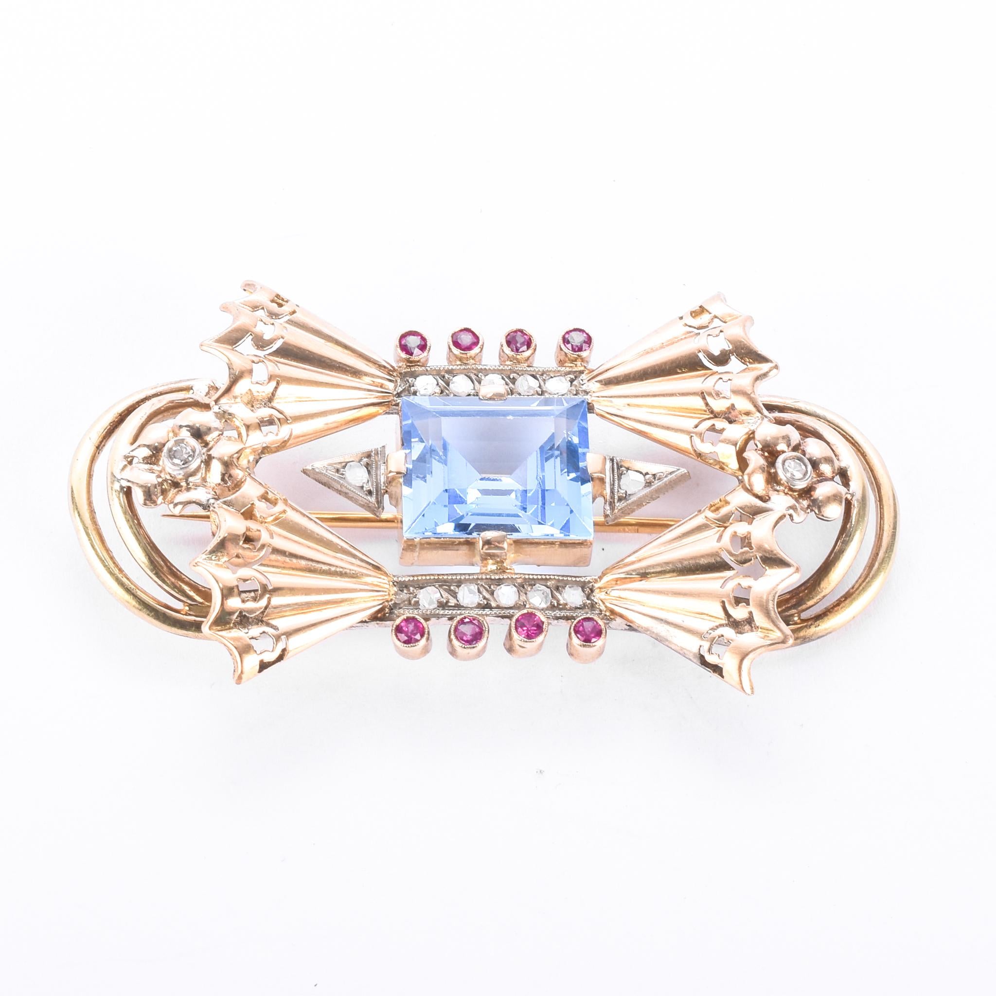 1940s 18K Gold Spinel, Ruby, and Natural Diamonds Geometric Bow Brooch