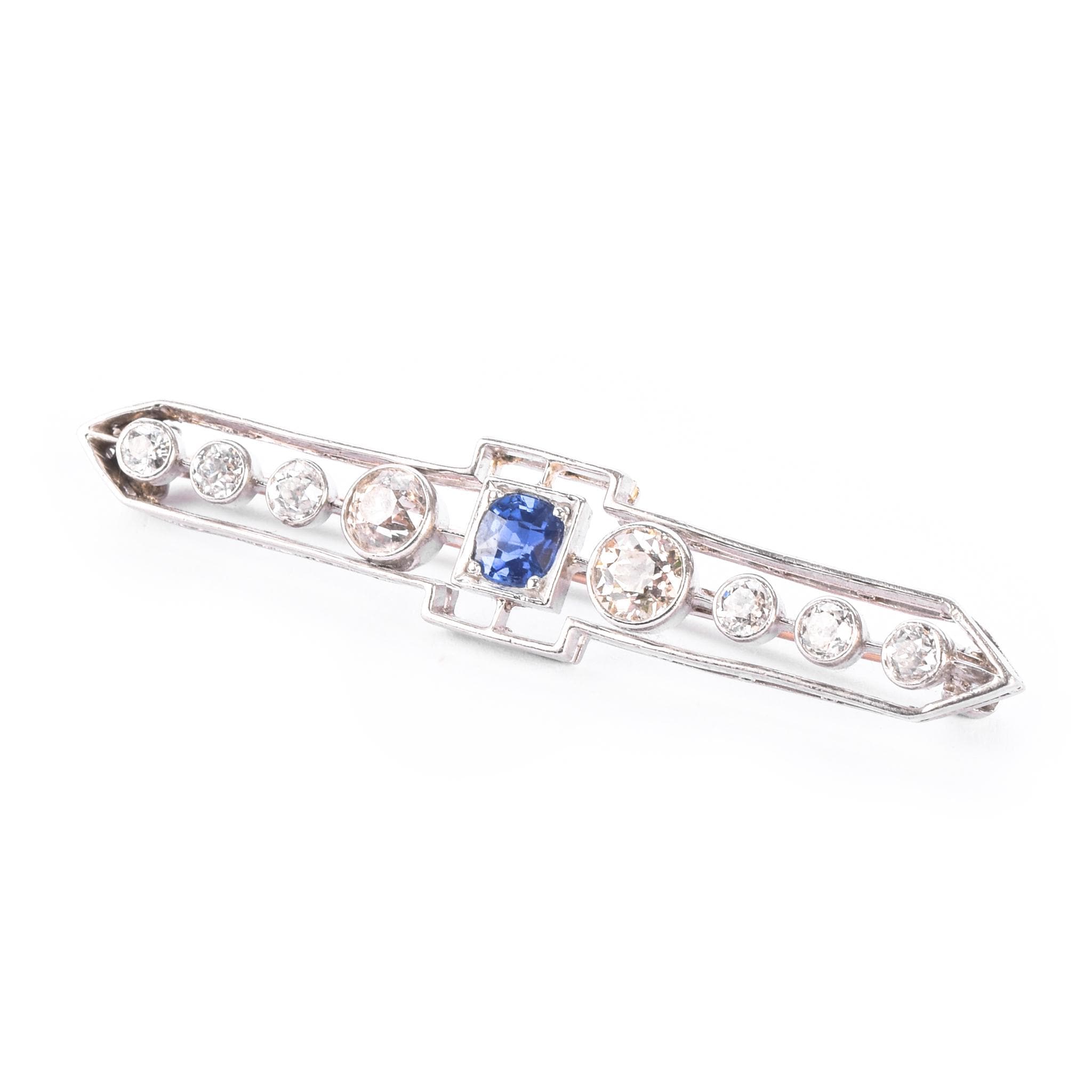 F. W. Lawrence Platinum & 10K Gold Natural Diamond and Sapphire Bar Brooch