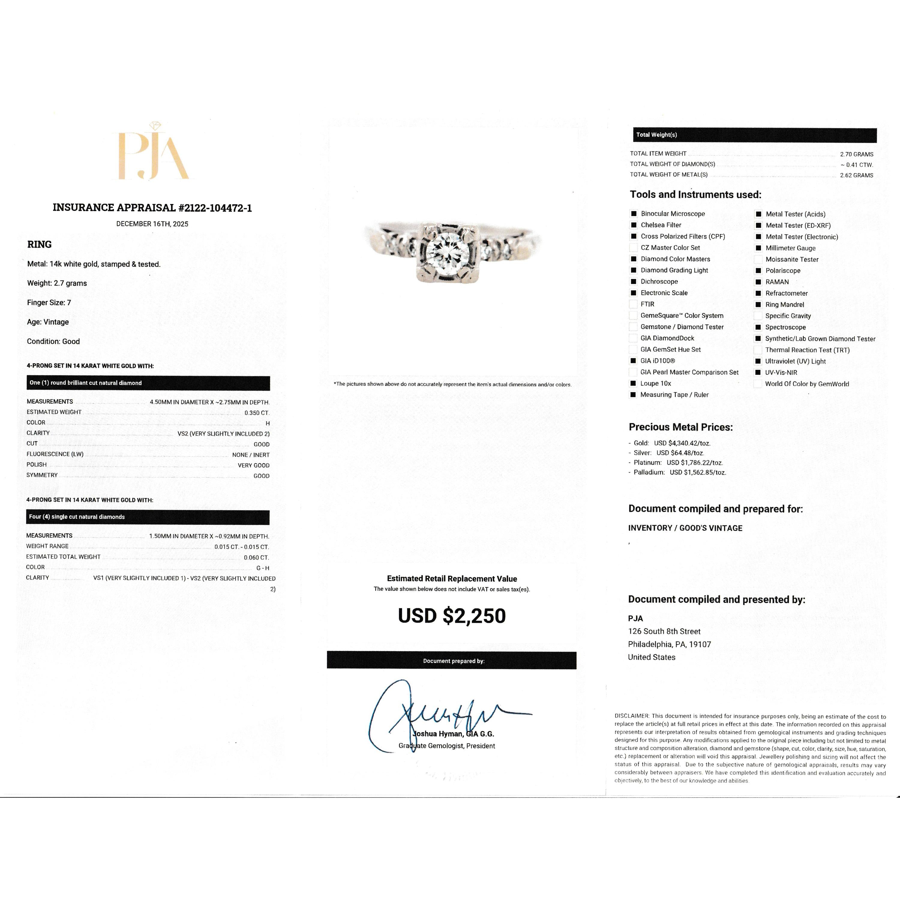Mid-Century 14K White Gold and Natural Diamond Engagement Ring