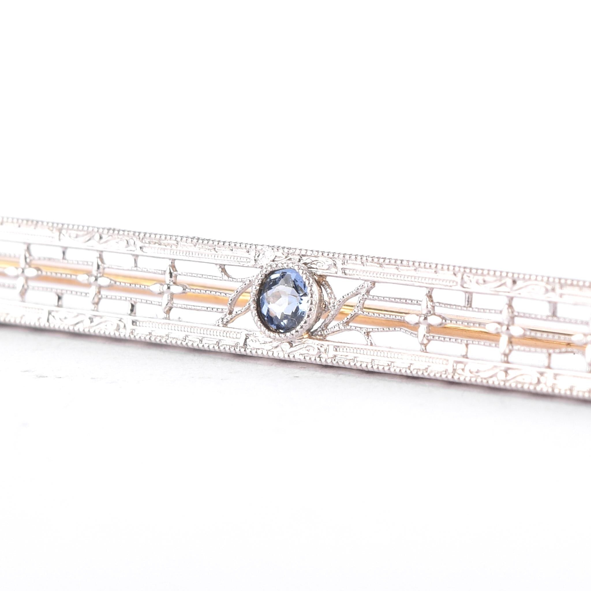 14K White Gold & Blue Spinel Art Deco Filigree Bar Pin