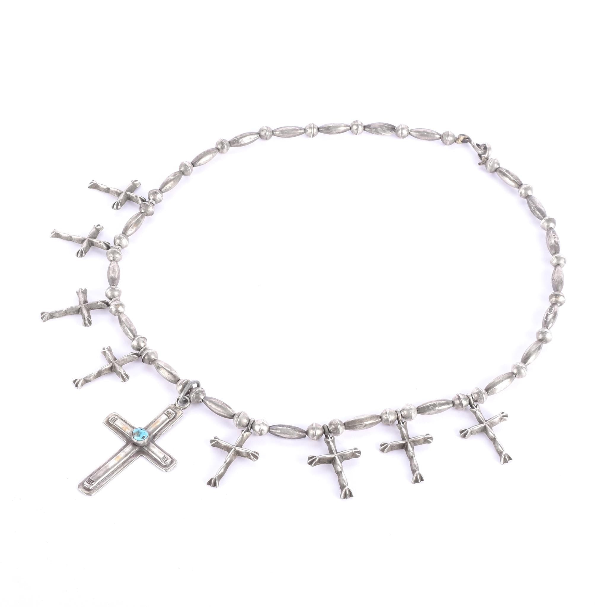 Sterling Silver & Turquoise Squash Blossom Cross Necklace, 24in