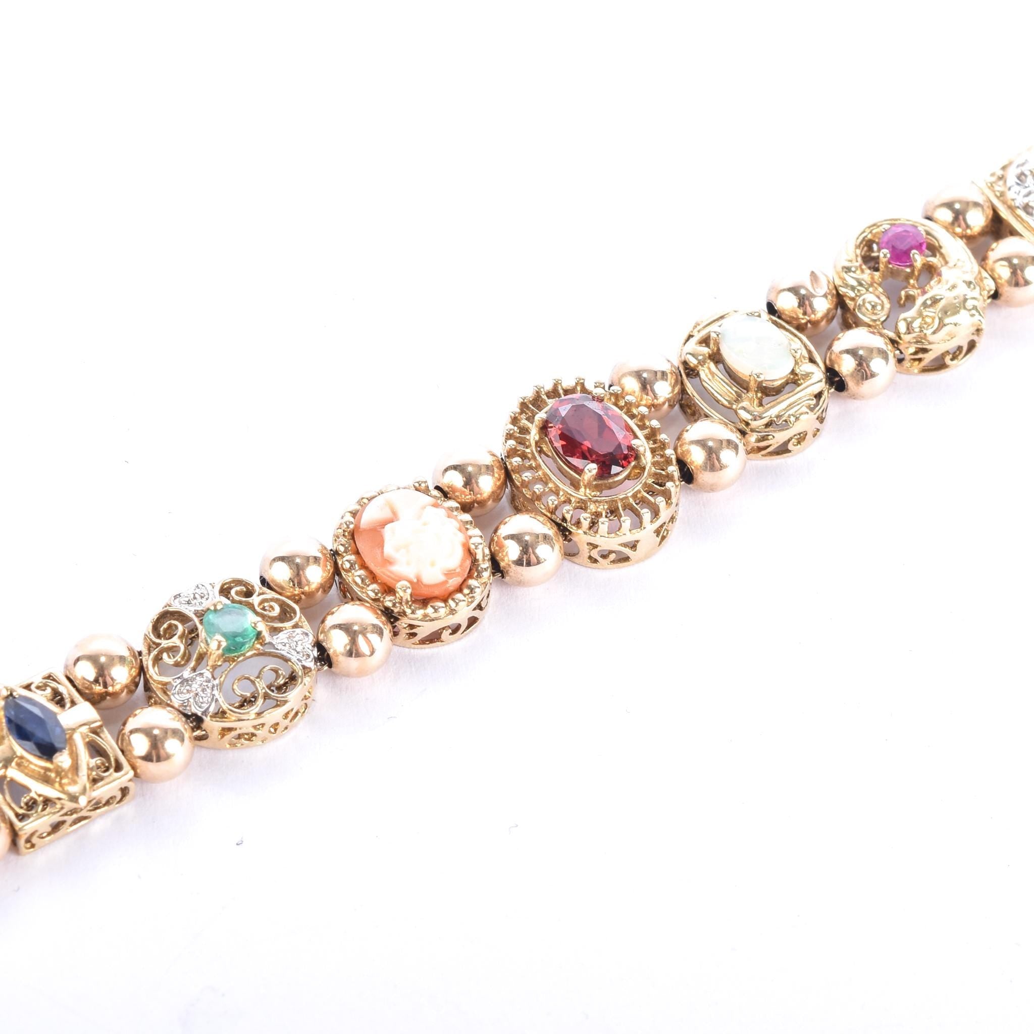 10K Gold Multi-Gemstone Slide Charm Bracelet