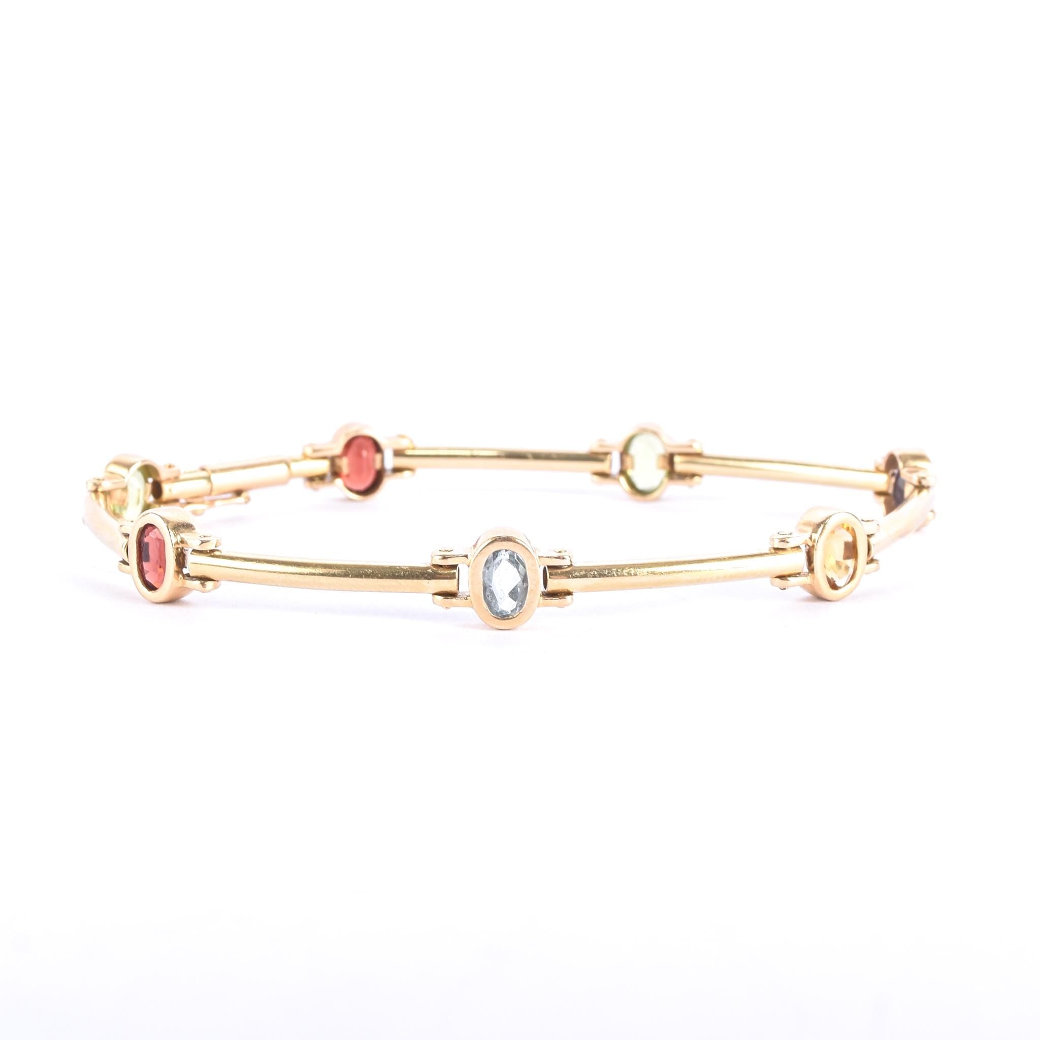 14K Gold Multi-Gemstone Station Link Bracelet