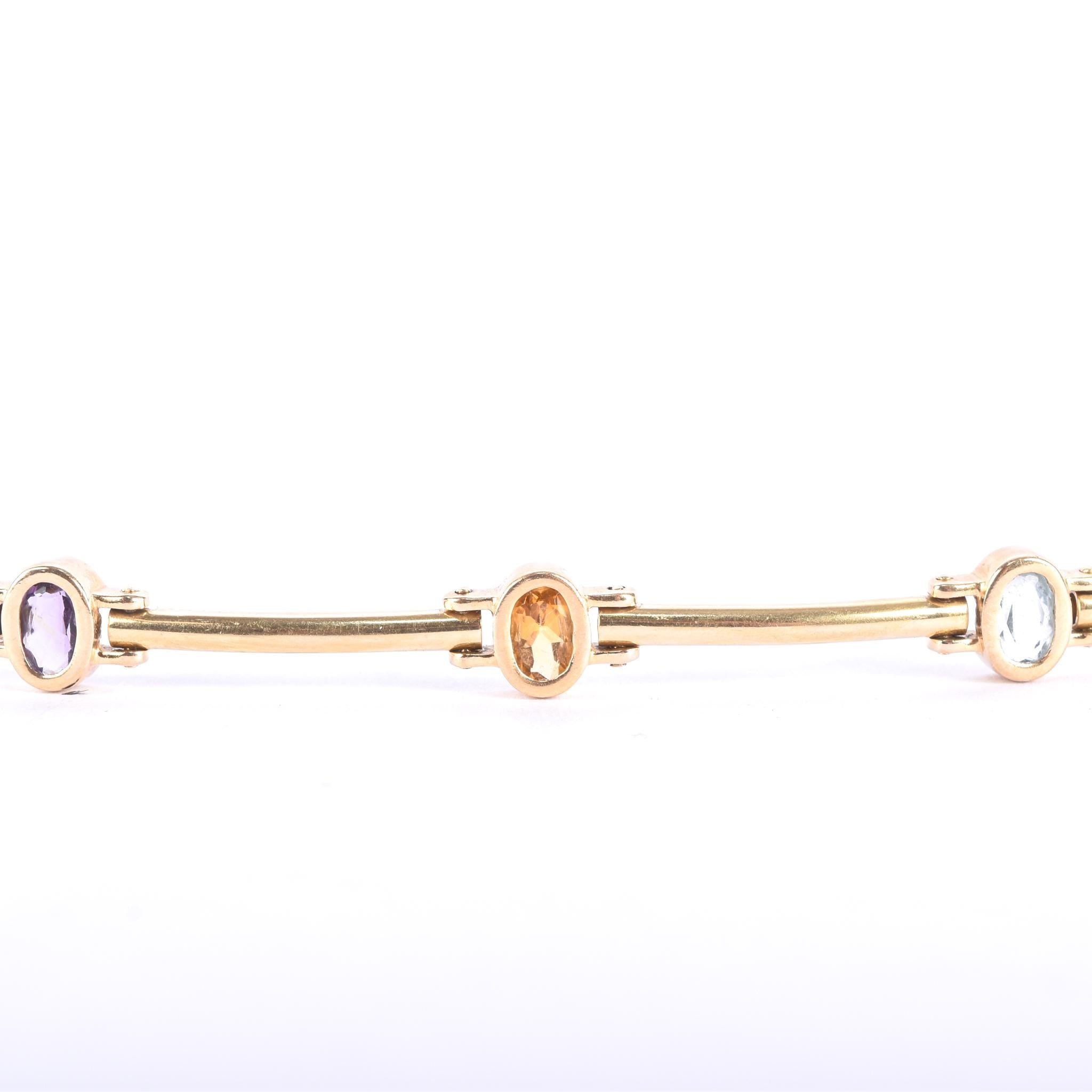 14K Gold Multi-Gemstone Station Link Bracelet