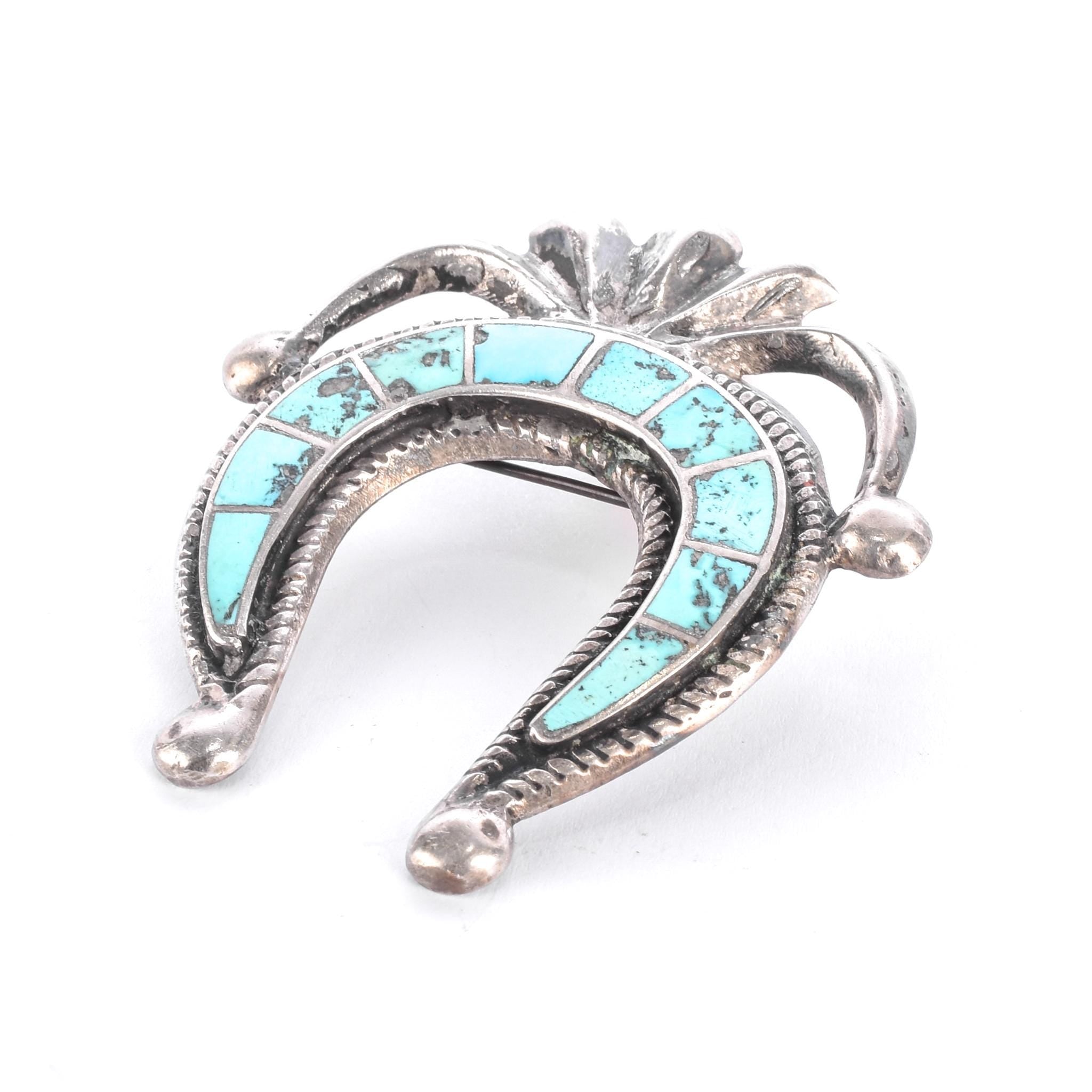 Sterling Silver & Turquoise Sandcast Navajo Naja Brooch