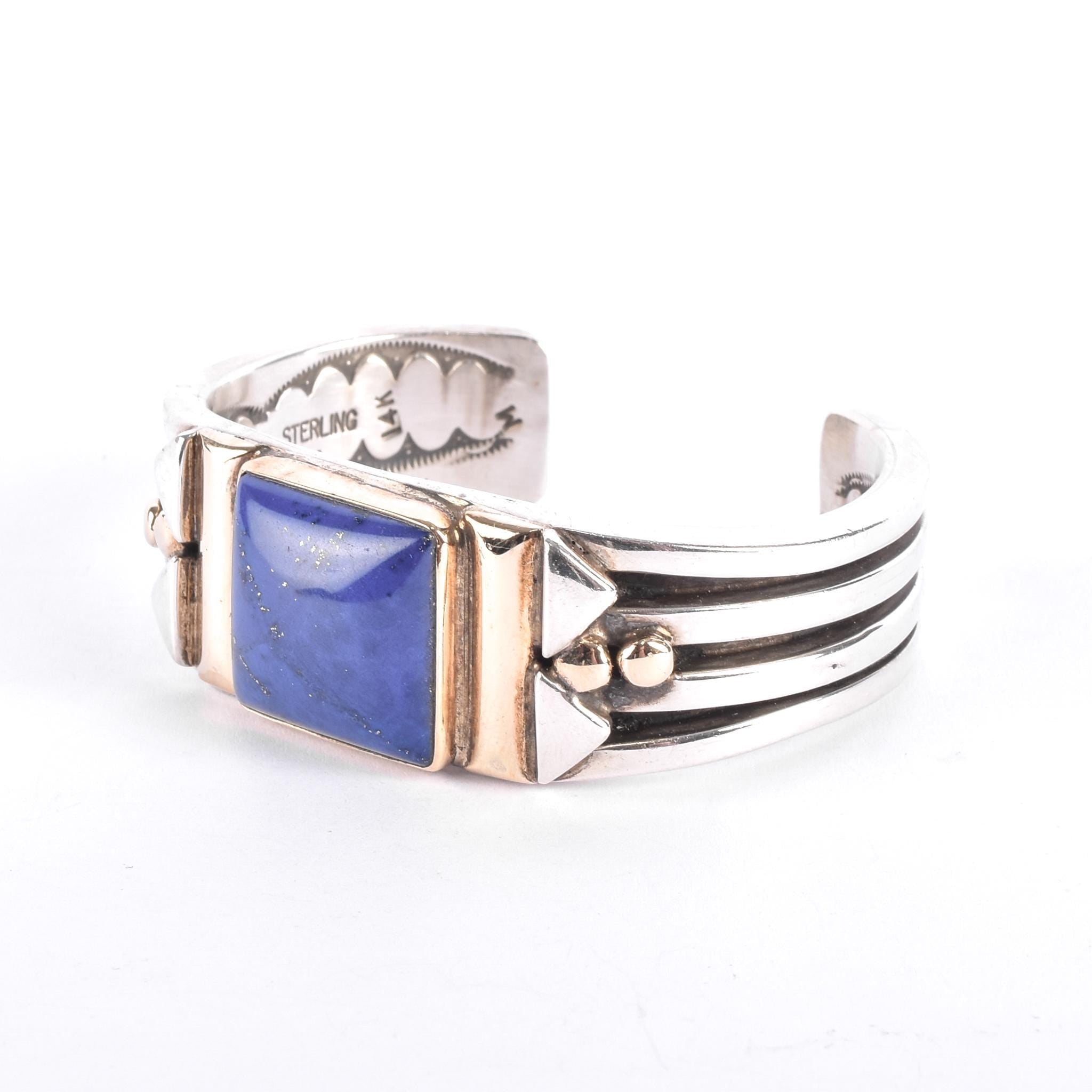 Navajo Orville Tsinnie Sterling Silver & 14K Gold Lapis Lazuli Cuff Bracelet