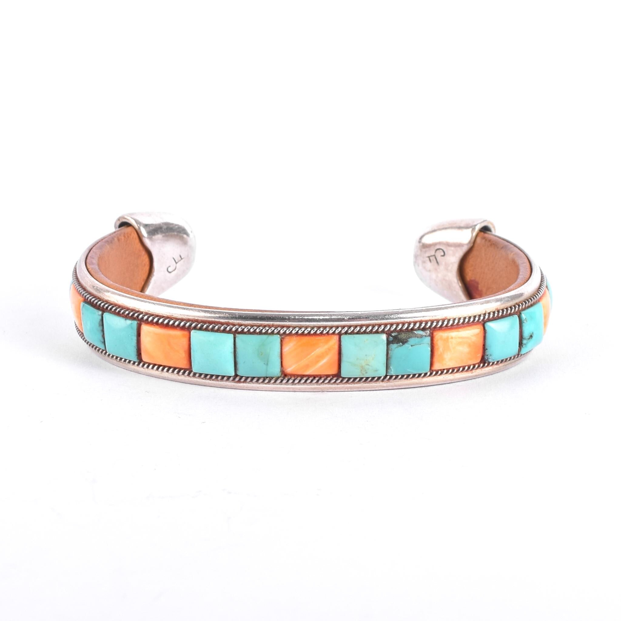 Charlie Favour Sterling Silver, Turquoise, & Spiny Oyster Leather-Lined Cuff