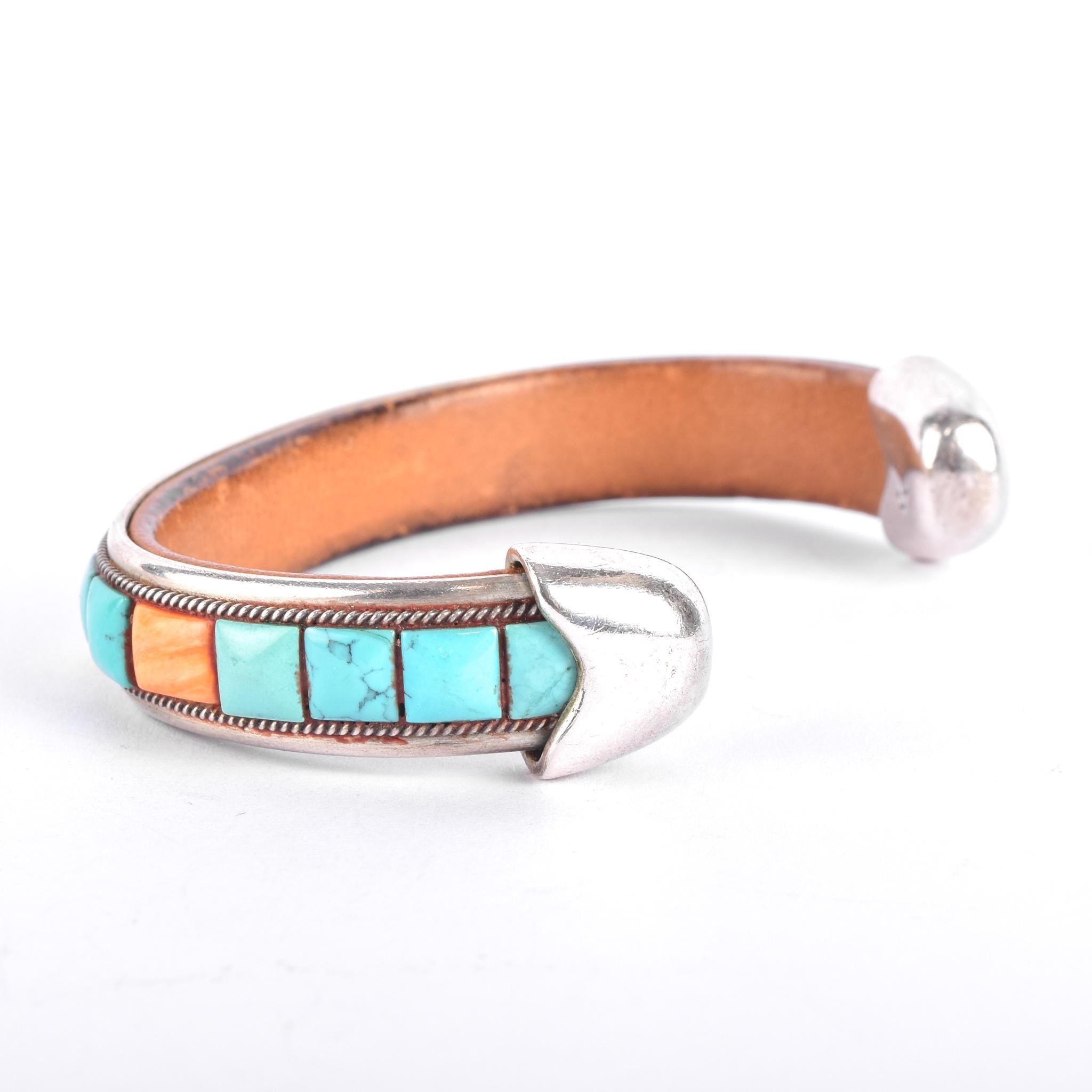 Charlie Favour Sterling Silver, Turquoise, & Spiny Oyster Leather-Lined Cuff