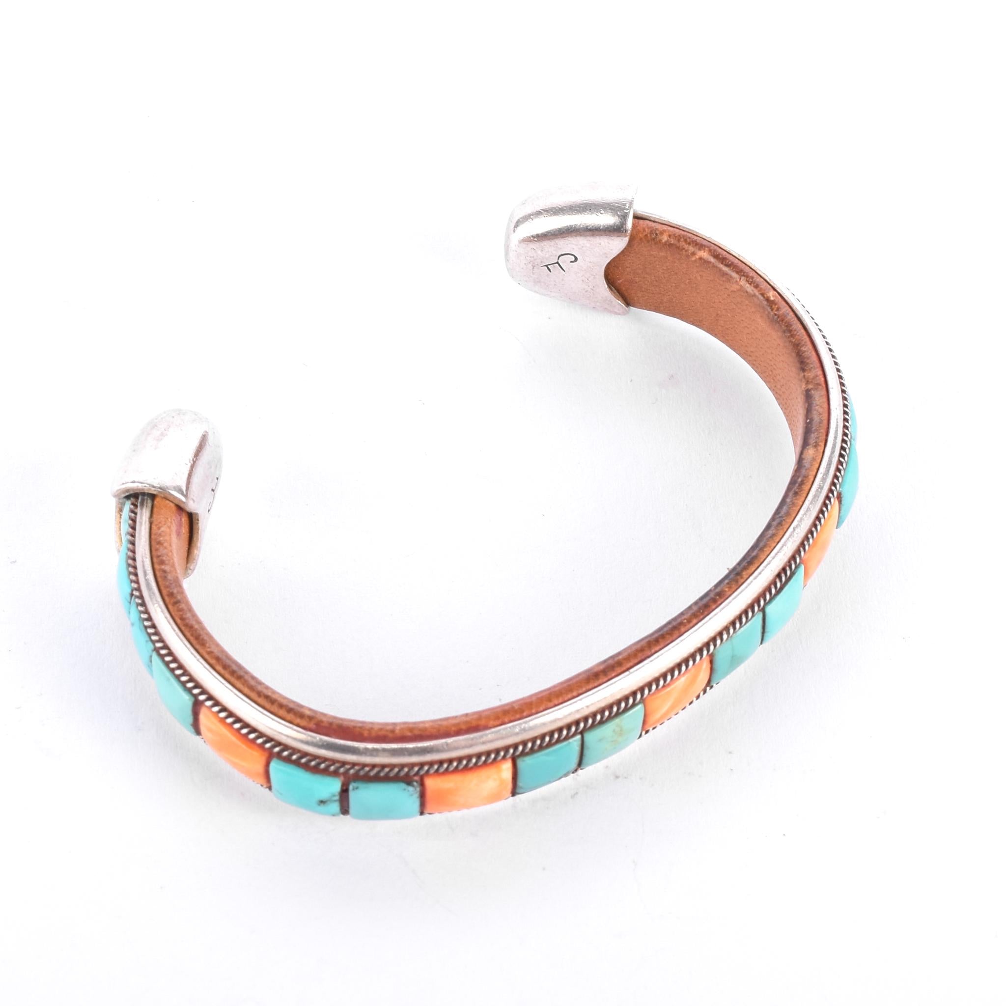 Charlie Favour Sterling Silver, Turquoise, & Spiny Oyster Leather-Lined Cuff