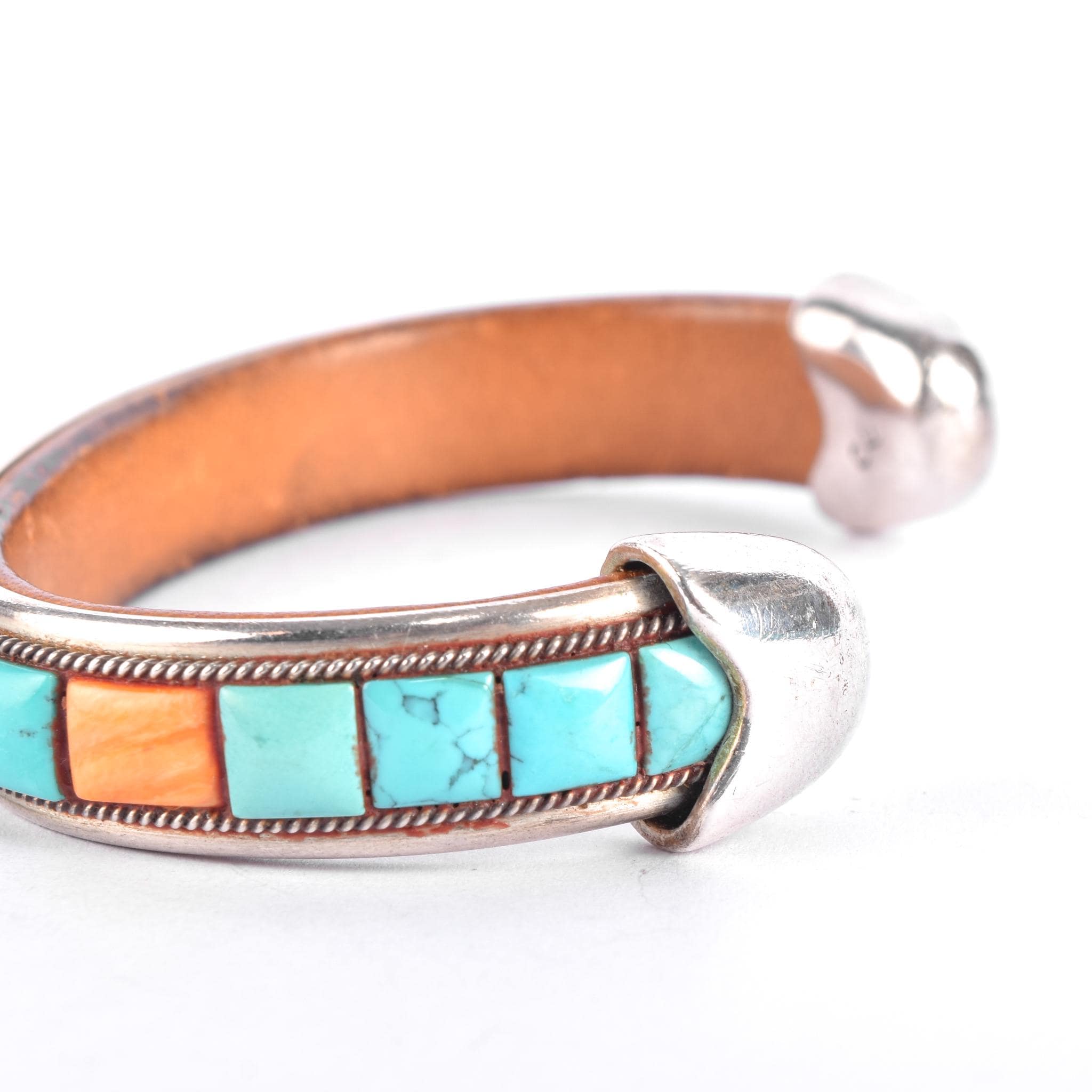 Charlie Favour Sterling Silver, Turquoise, & Spiny Oyster Leather-Lined Cuff