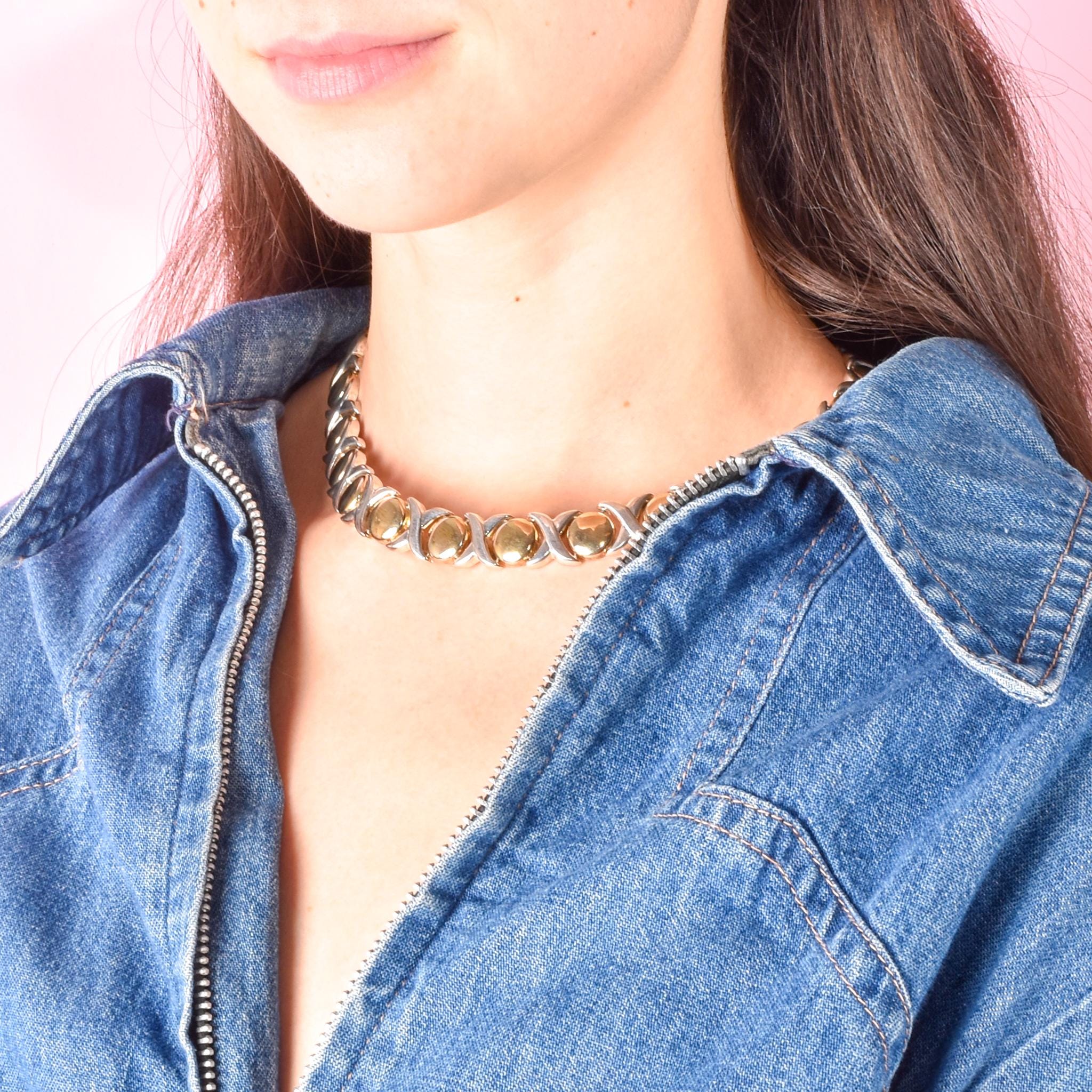 Sterling Silver & Gold Vermeil Italian "Hugs and Kisses" Collar Necklace