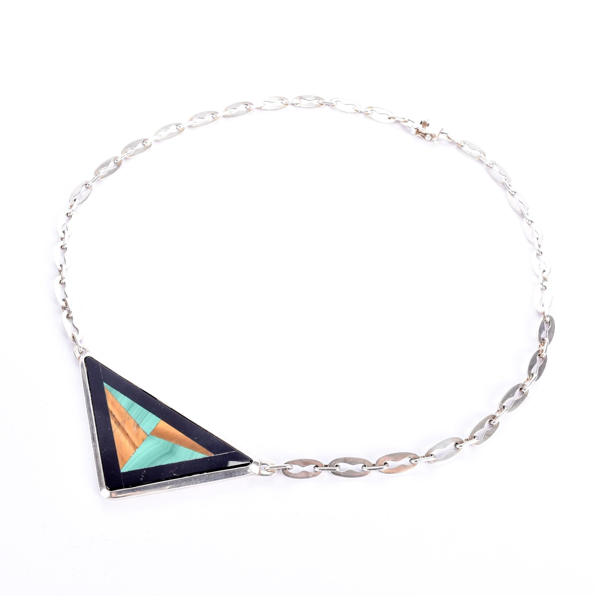 Sterling Silver Taxco Geometric Onyx, Malachite, & Tiger's Eye Inlay Necklace