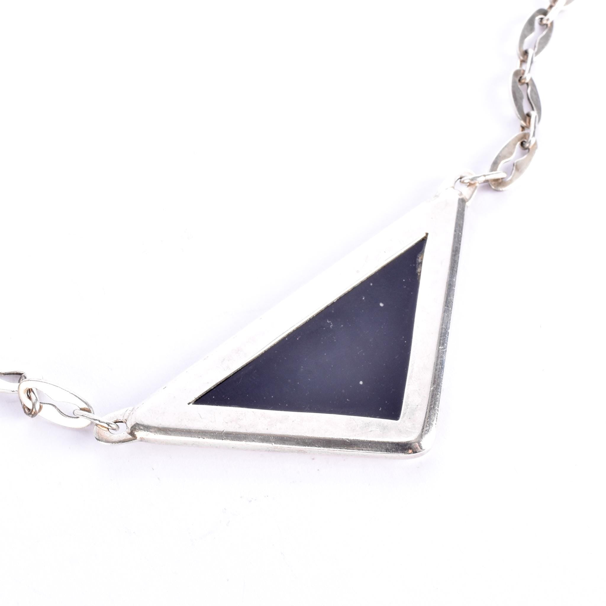 Sterling Silver Taxco Geometric Onyx, Malachite, & Tiger's Eye Inlay Necklace