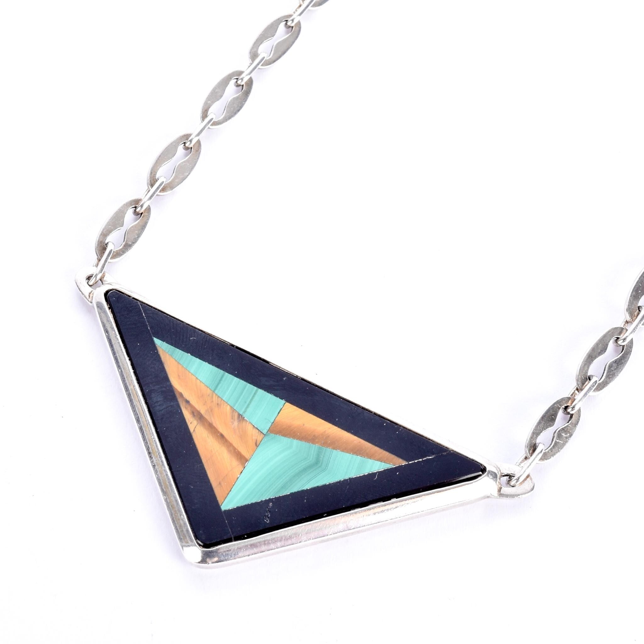 Sterling Silver Taxco Geometric Onyx, Malachite, & Tiger's Eye Inlay Necklace