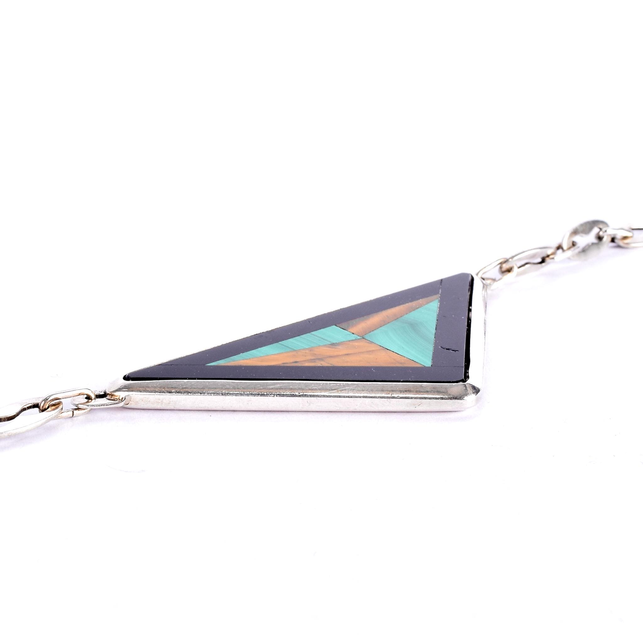 Sterling Silver Taxco Geometric Onyx, Malachite, & Tiger's Eye Inlay Necklace