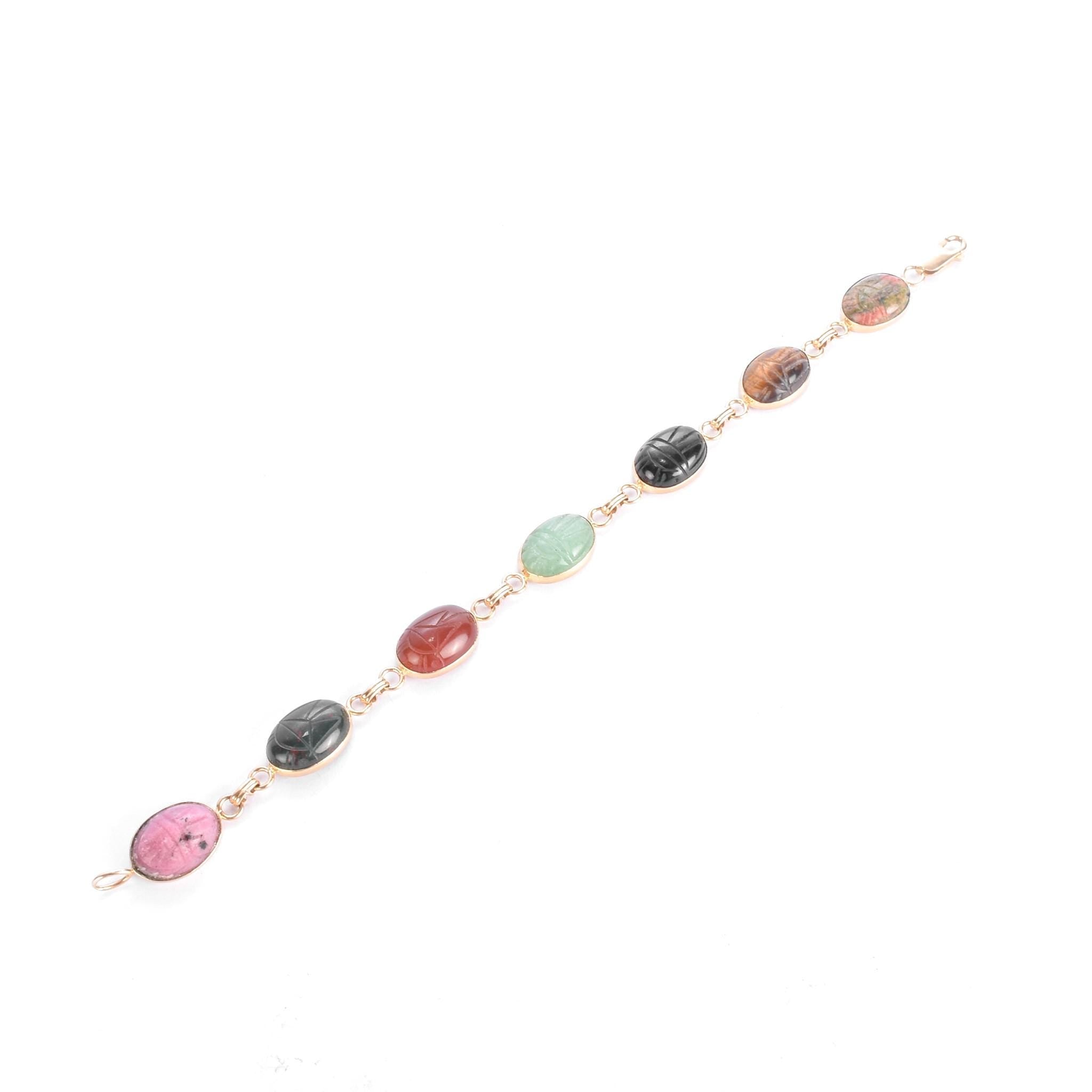 14K Gold Carved Multi-Gemstone Scarab Bracelet