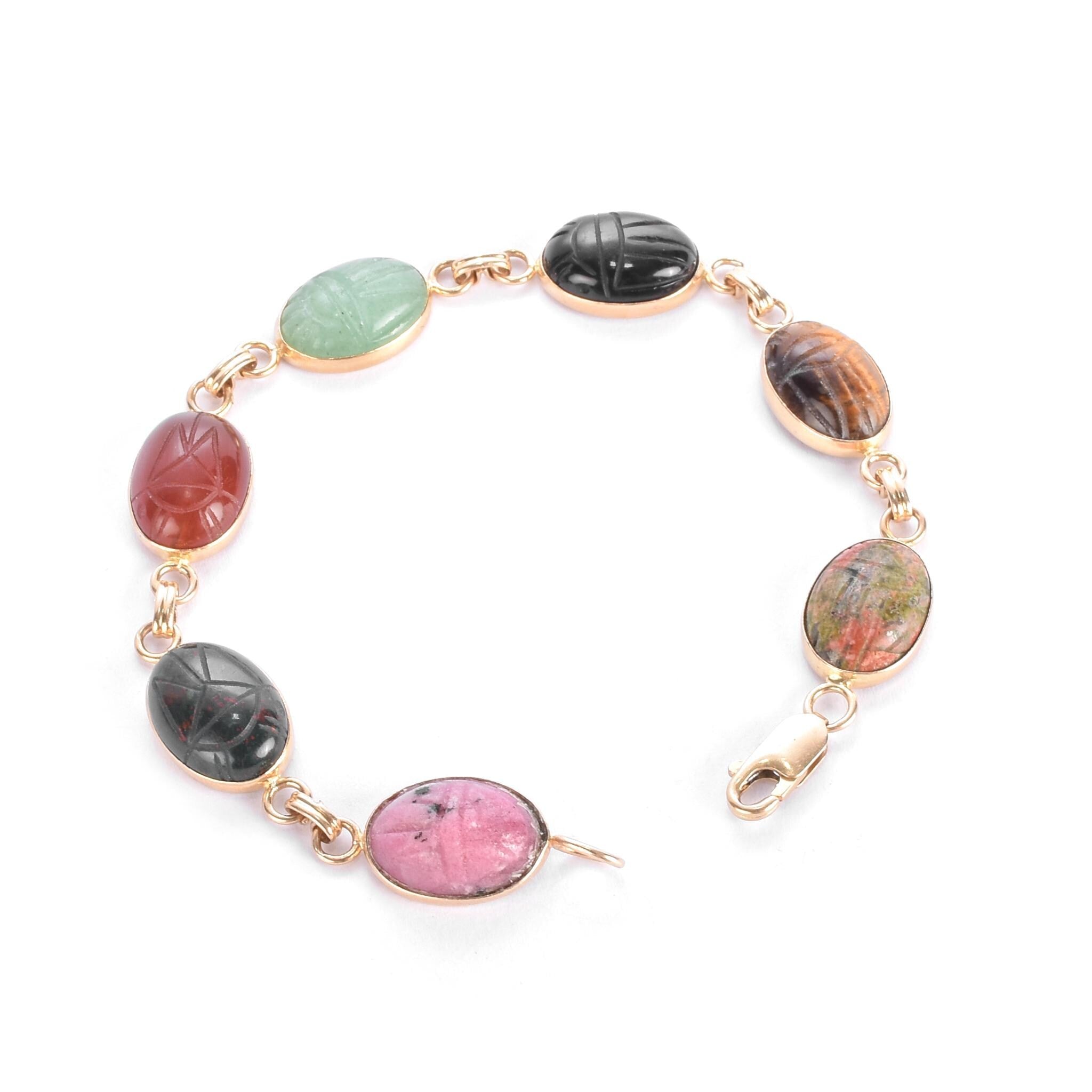 14K Gold Carved Multi-Gemstone Scarab Bracelet