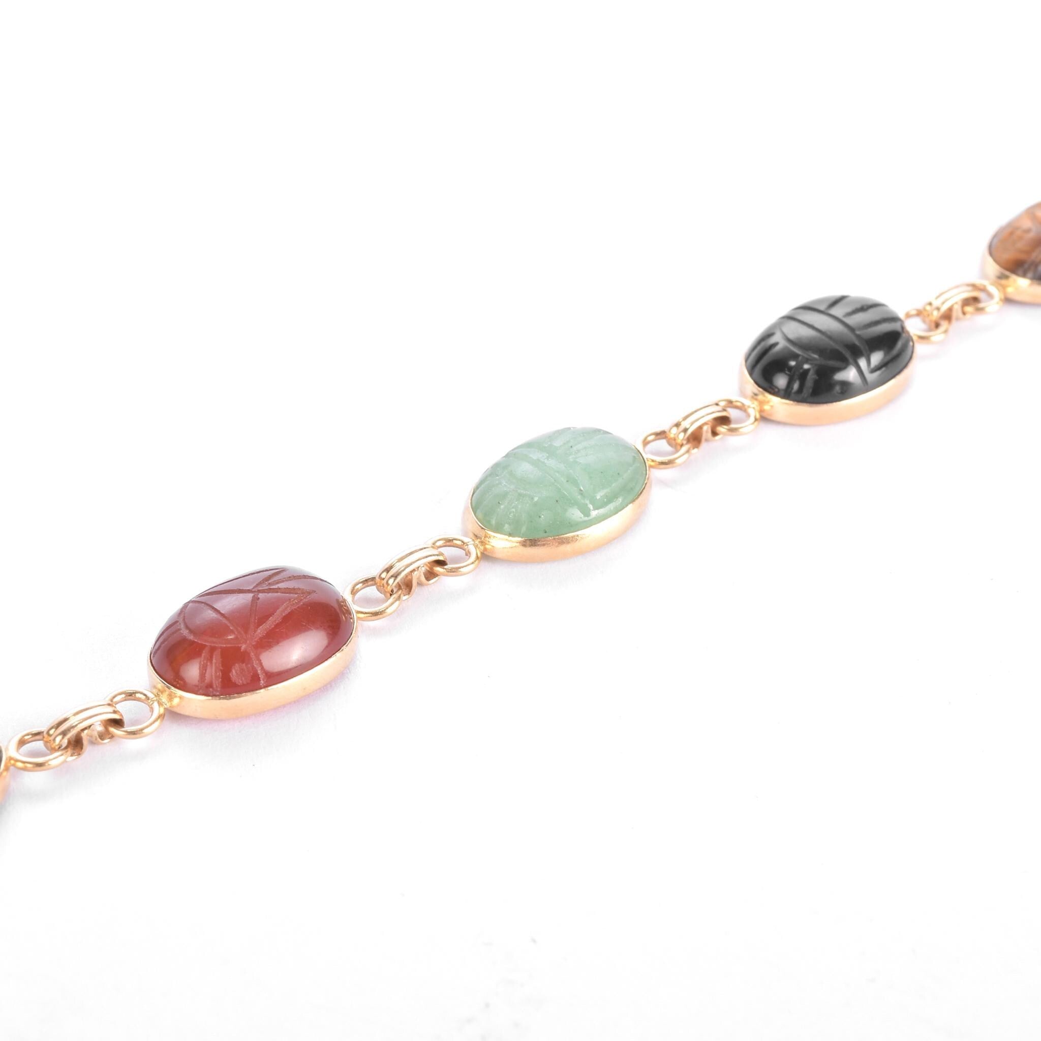 14K Gold Carved Multi-Gemstone Scarab Bracelet