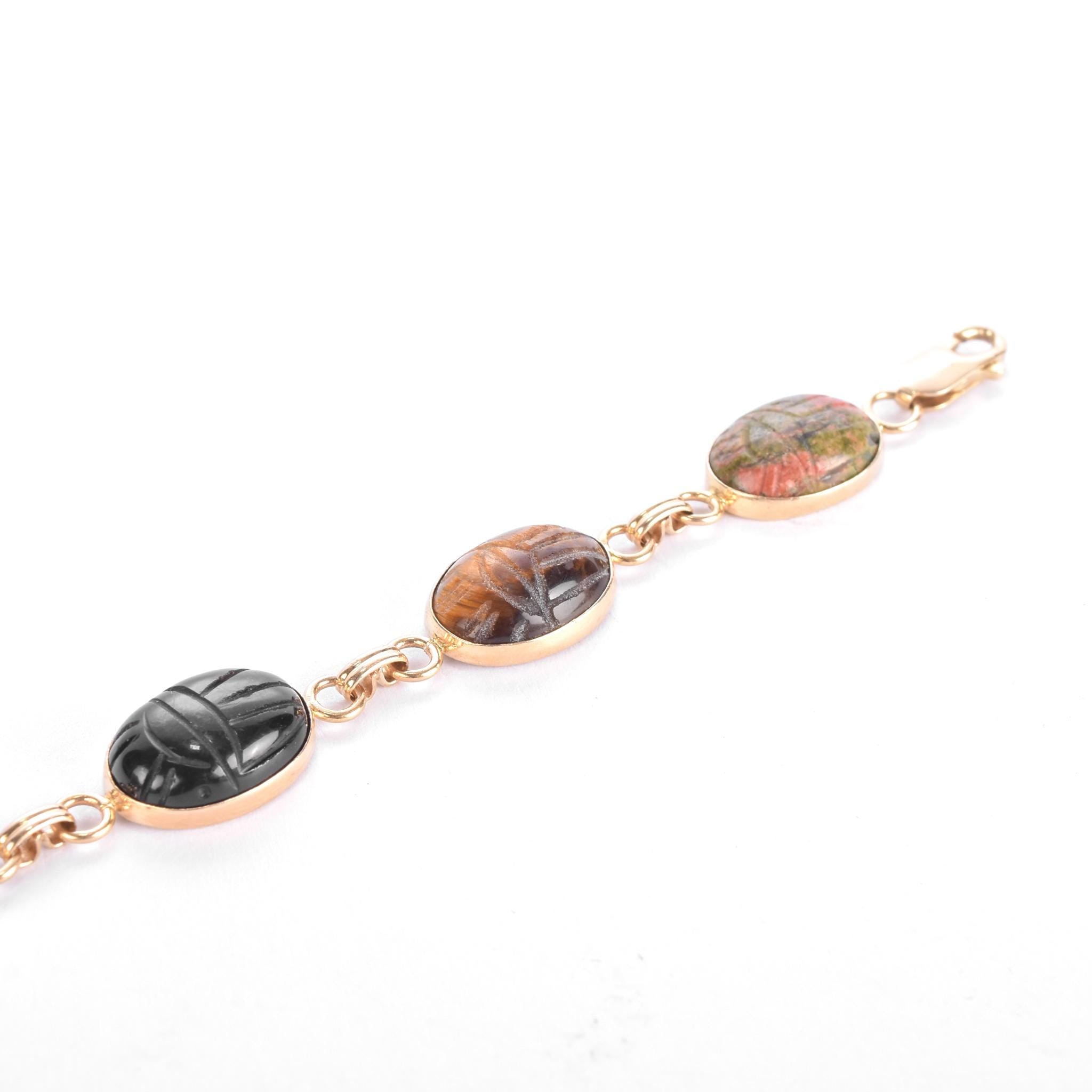 14K Gold Carved Multi-Gemstone Scarab Bracelet