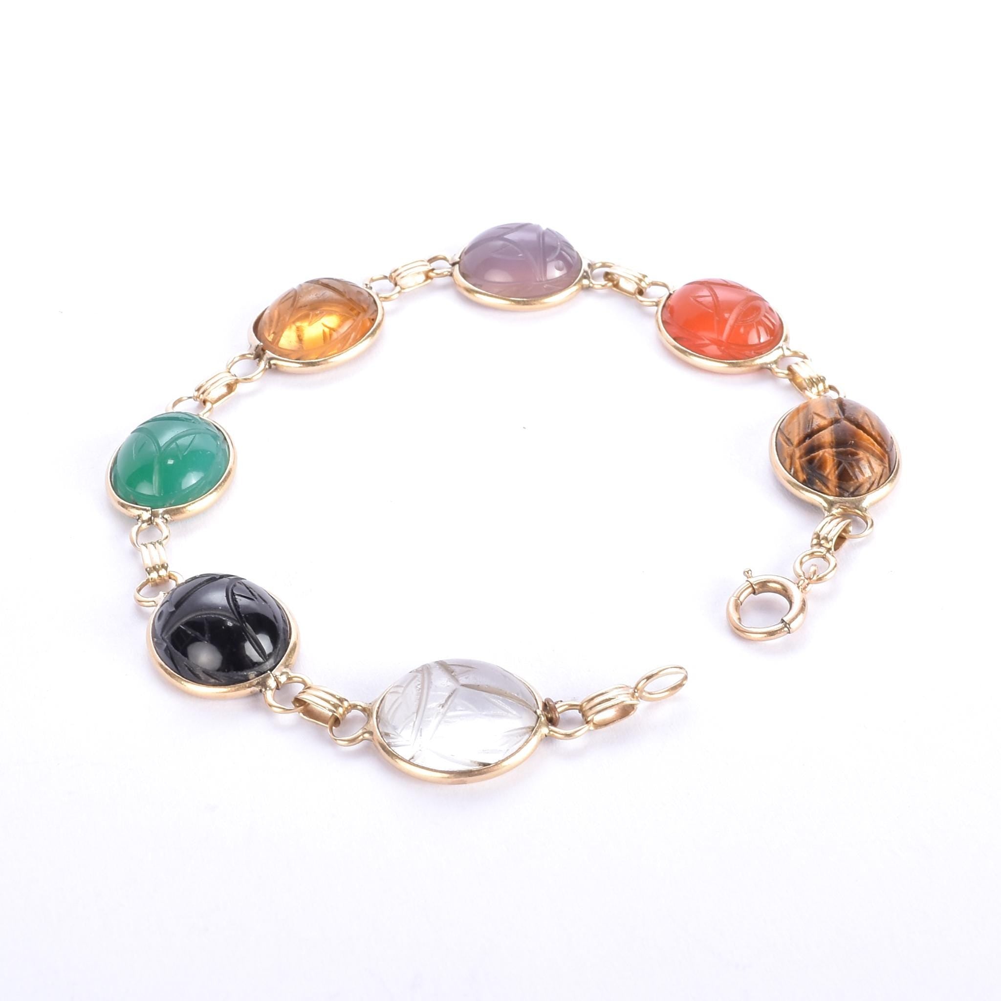1960s Admark 14K Gold Multi Gemstone Scarab Bracelet
