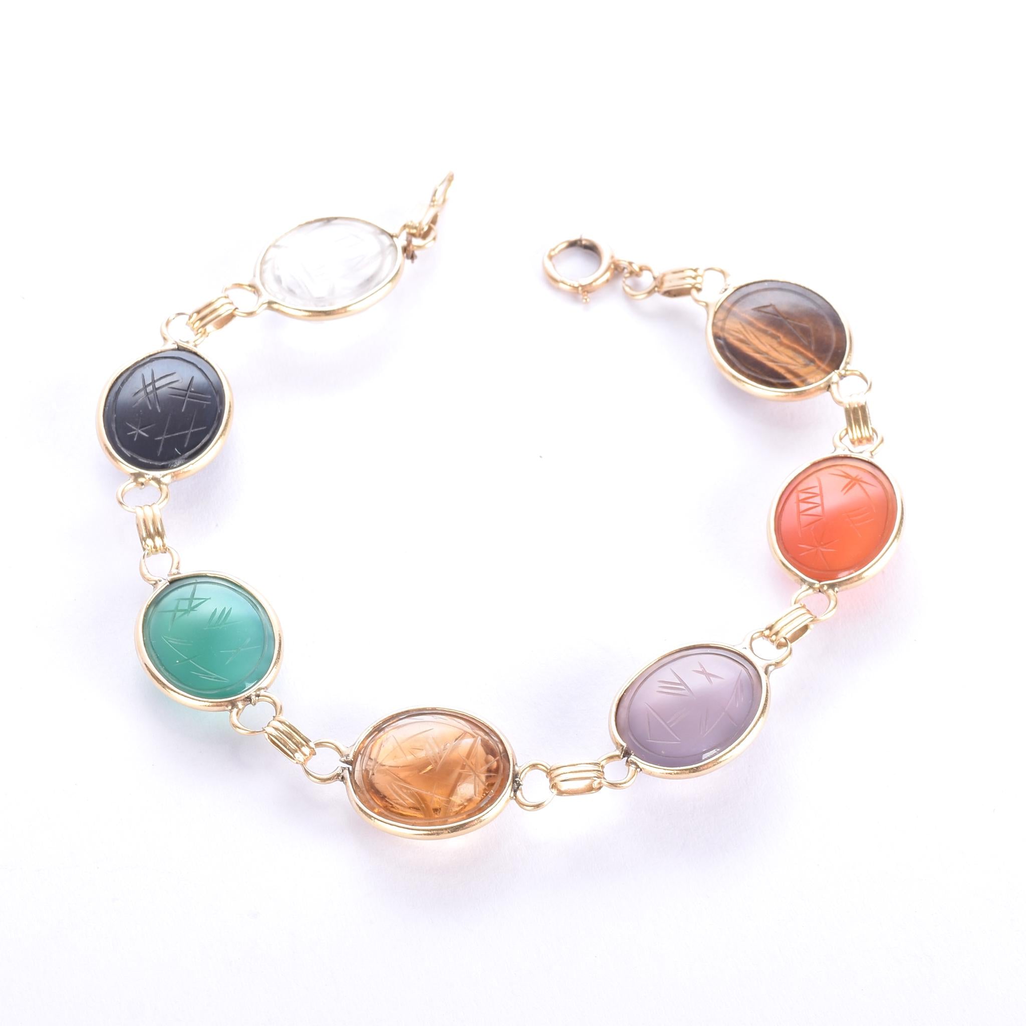1960s Admark 14K Gold Multi Gemstone Scarab Bracelet