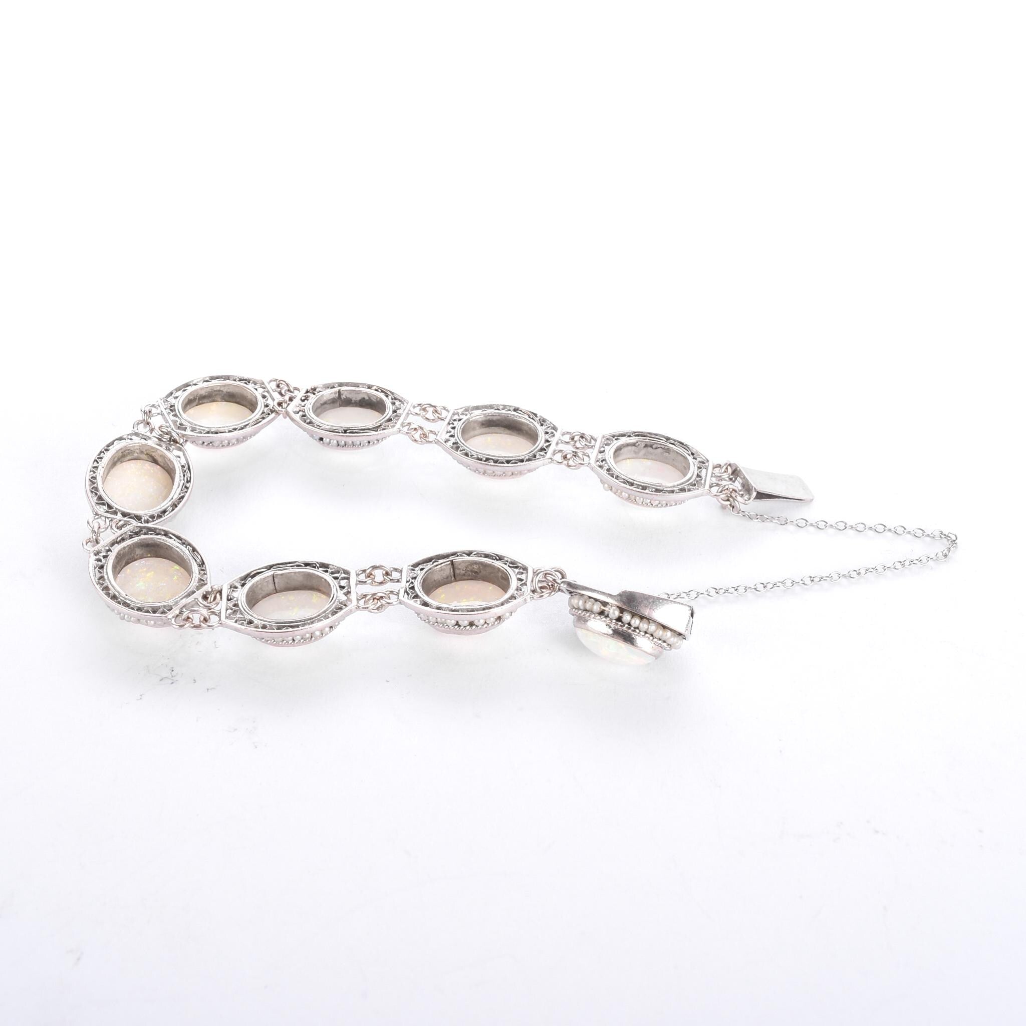 Mid-Century 14K White Gold Opal & Seed Pearl Link Bracelet