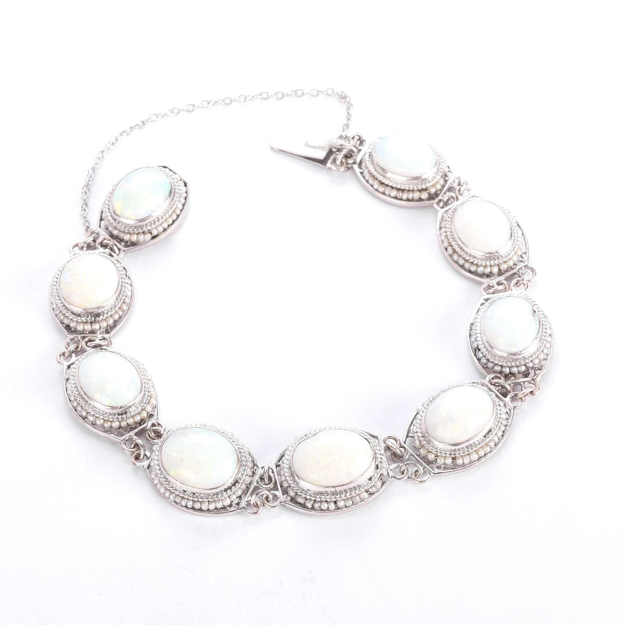Mid-Century 14K White Gold Opal & Seed Pearl Link Bracelet