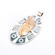Sterling Silver Taxco Carved Rudilated Quartz Mayan Mask & Malachite Chip Inlay Pendant