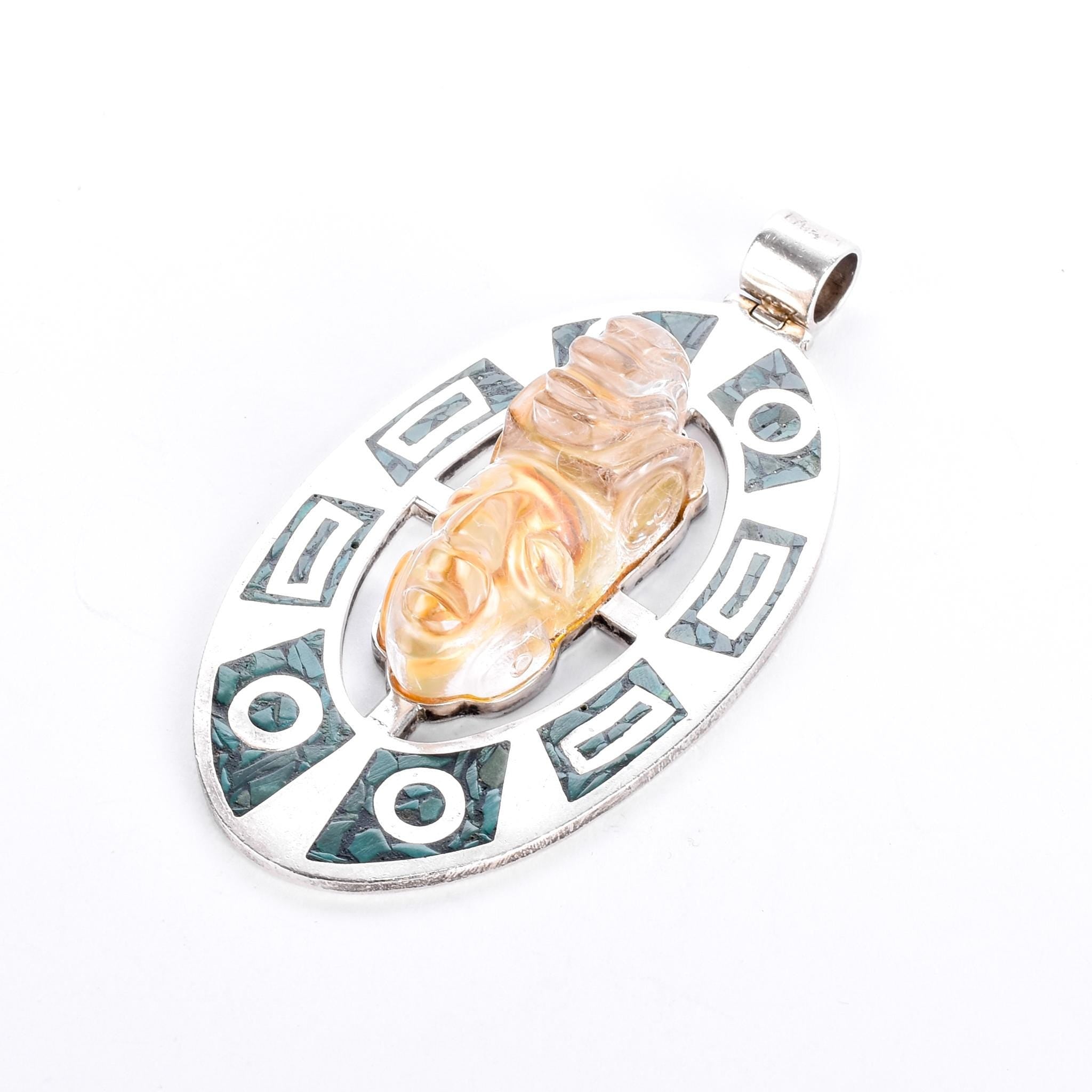 Sterling Silver Taxco Carved Rudilated Quartz Mayan Mask & Malachite Chip Inlay Pendant