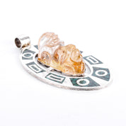 Sterling Silver Taxco Carved Rudilated Quartz Mayan Mask & Malachite Chip Inlay Pendant