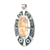 Sterling Silver Taxco Carved Rudilated Quartz Mayan Mask & Malachite Chip Inlay Pendant