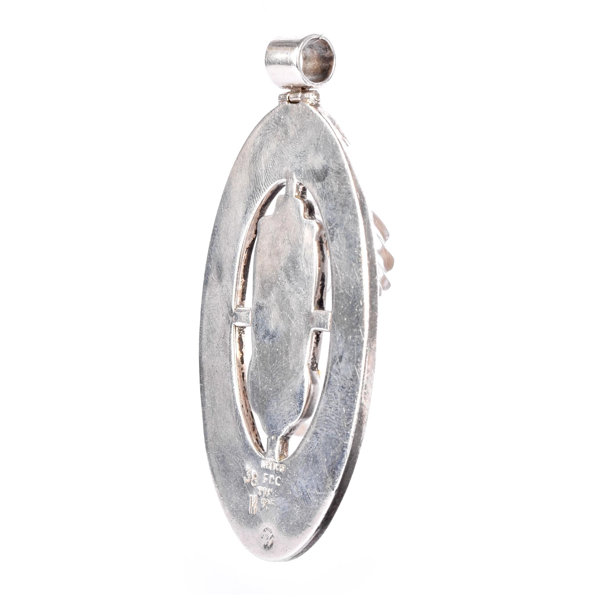 Sterling Silver Taxco Carved Rudilated Quartz Mayan Mask & Malachite Chip Inlay Pendant
