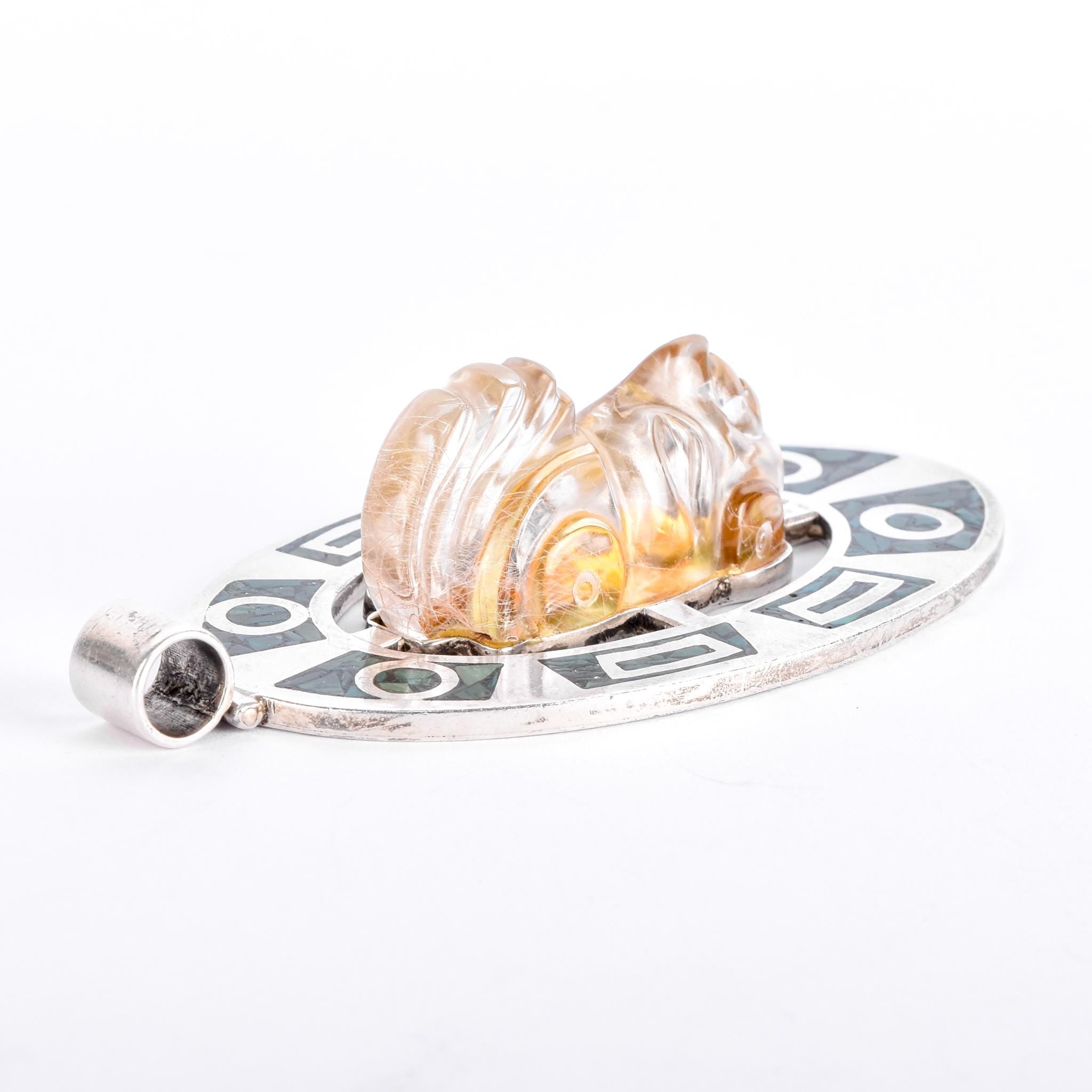 Sterling Silver Taxco Carved Rudilated Quartz Mayan Mask & Malachite Chip Inlay Pendant