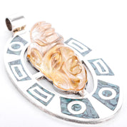 Sterling Silver Taxco Carved Rudilated Quartz Mayan Mask & Malachite Chip Inlay Pendant