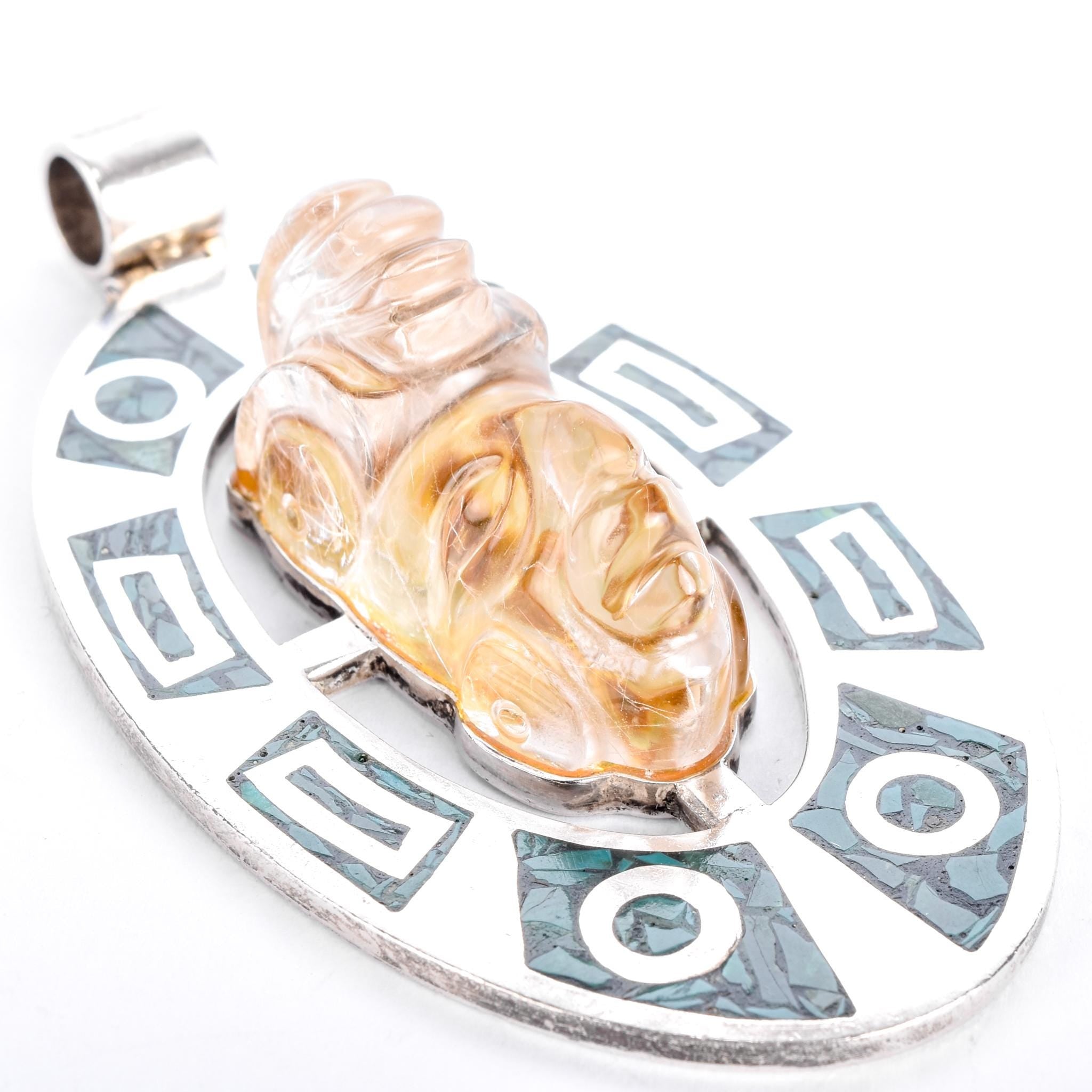 Sterling Silver Taxco Carved Rudilated Quartz Mayan Mask & Malachite Chip Inlay Pendant