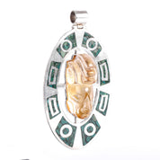 Sterling Silver Taxco Carved Rudilated Quartz Mayan Mask & Malachite Chip Inlay Pendant