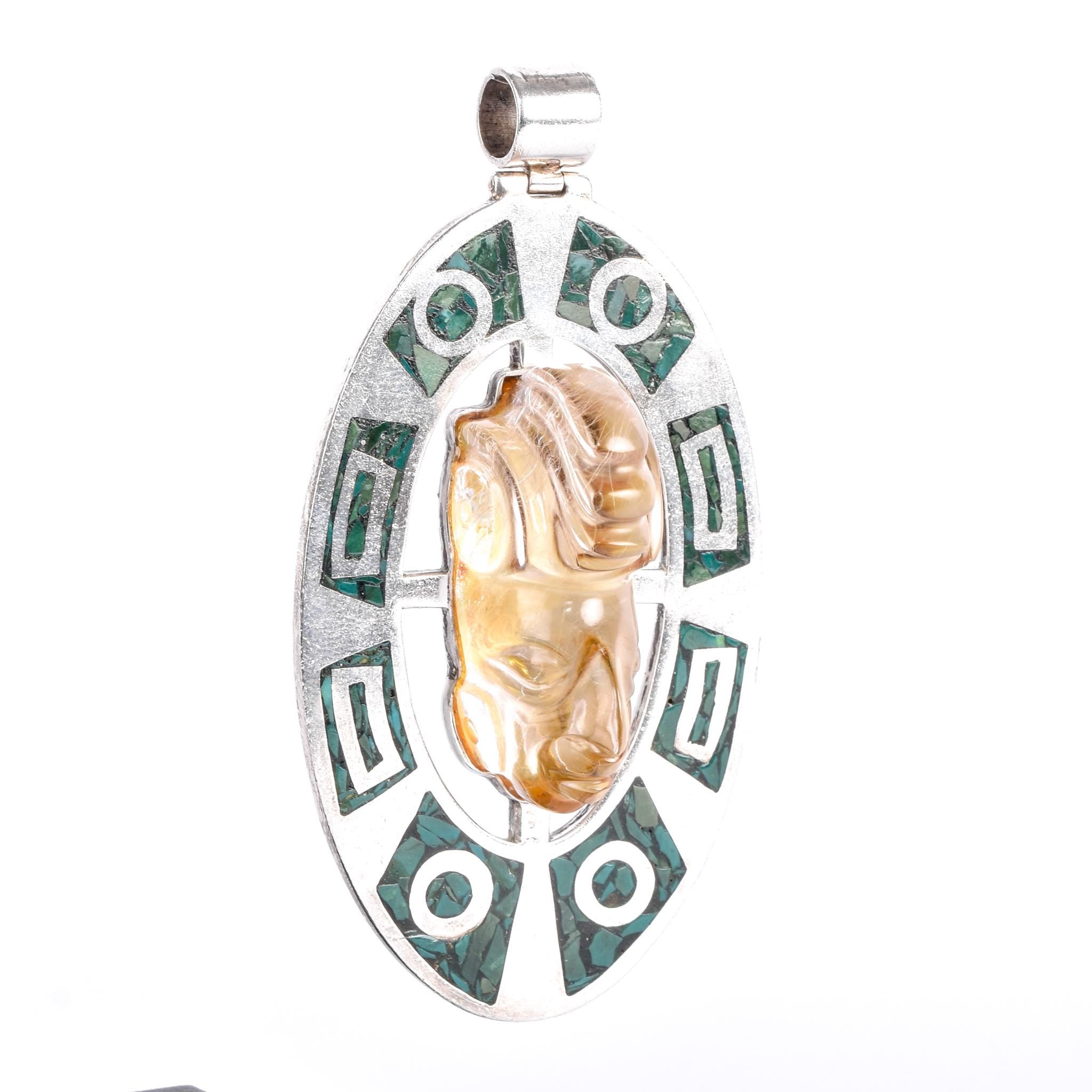 Sterling Silver Taxco Carved Rudilated Quartz Mayan Mask & Malachite Chip Inlay Pendant