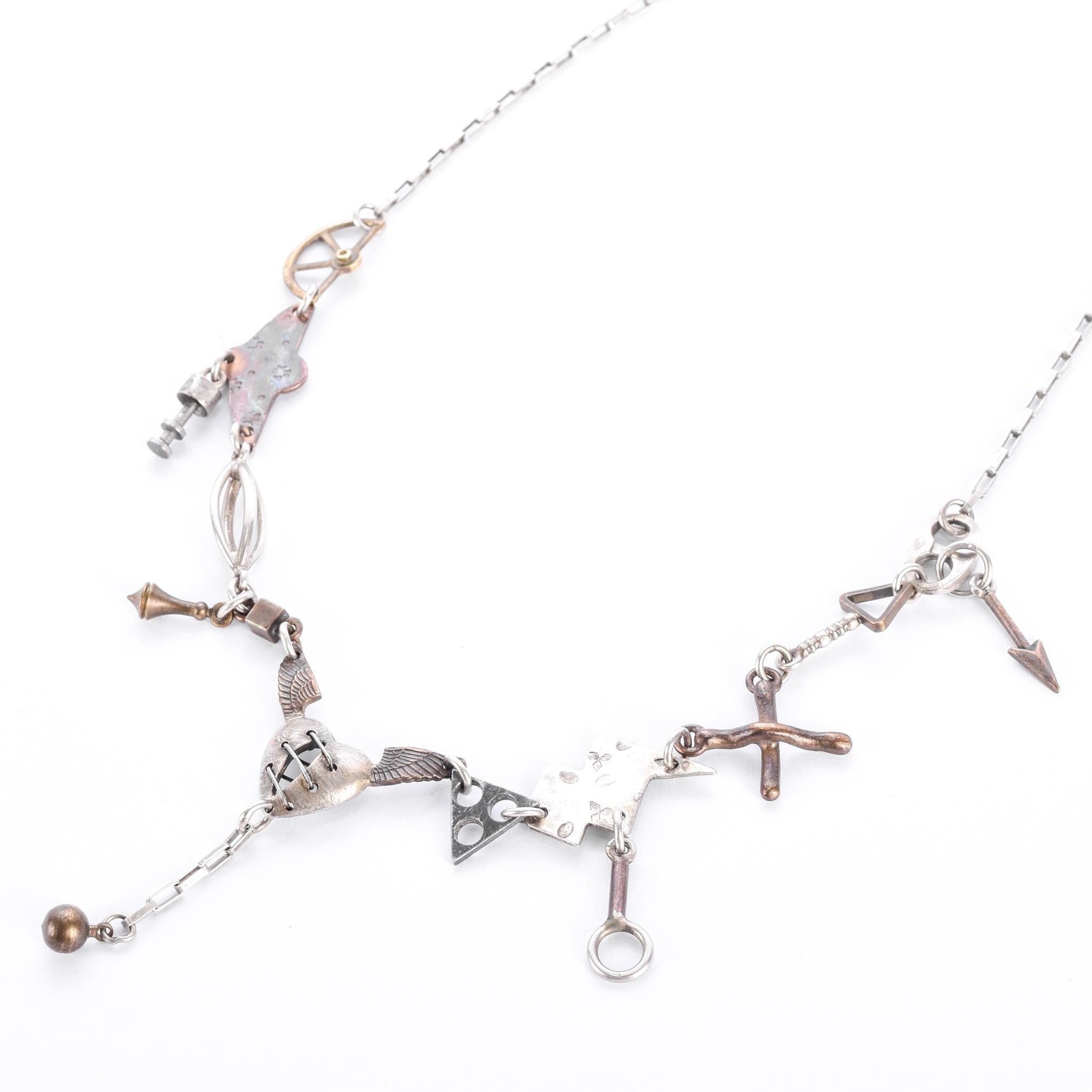 Sterling Silver & Bronze Thomas Mann Techno-Romantic Stitched Heart Collage Necklace