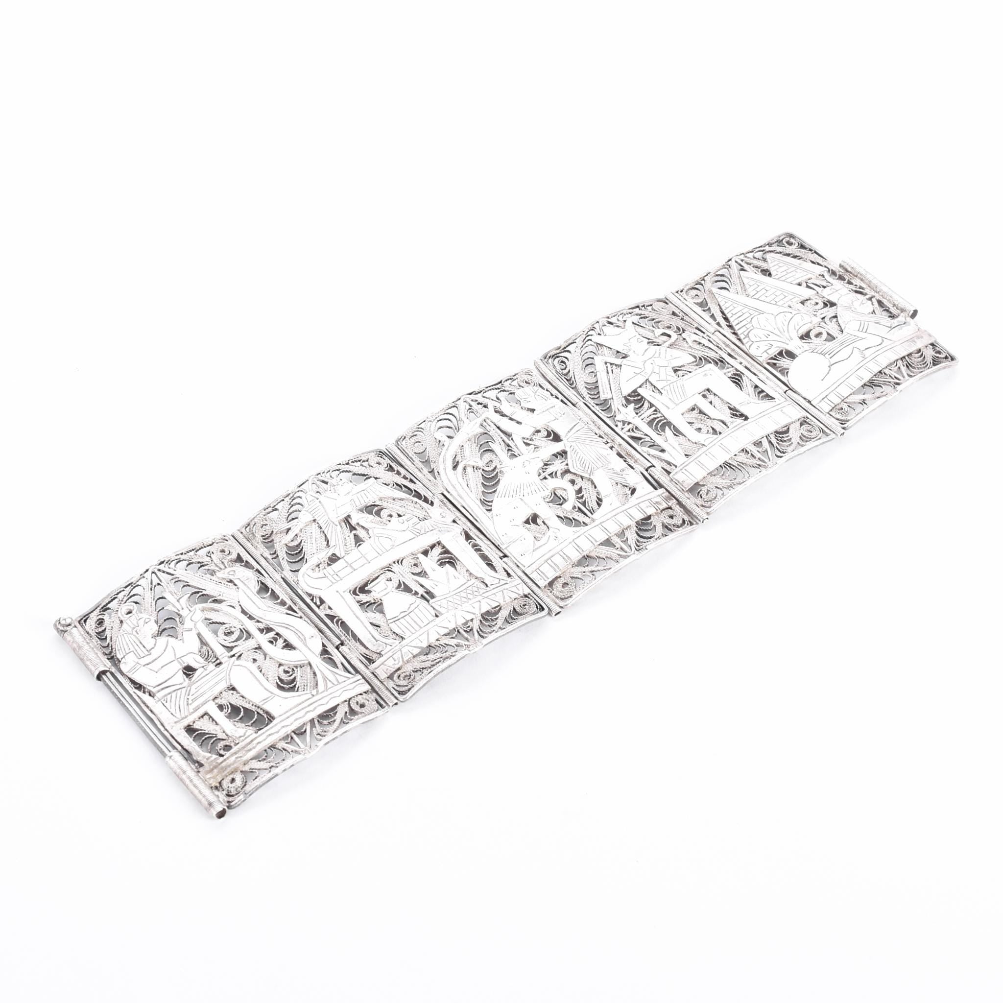900 Silver Art Deco Egyptian Revival Filigree Storytelling Bracelet