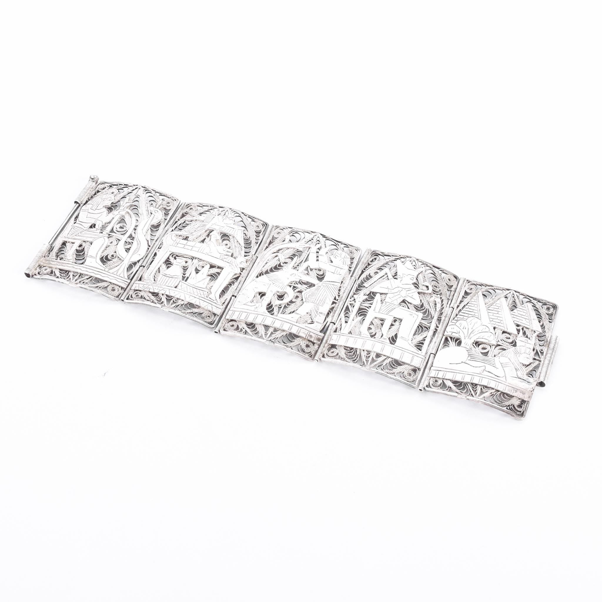 900 Silver Art Deco Egyptian Revival Filigree Storytelling Bracelet