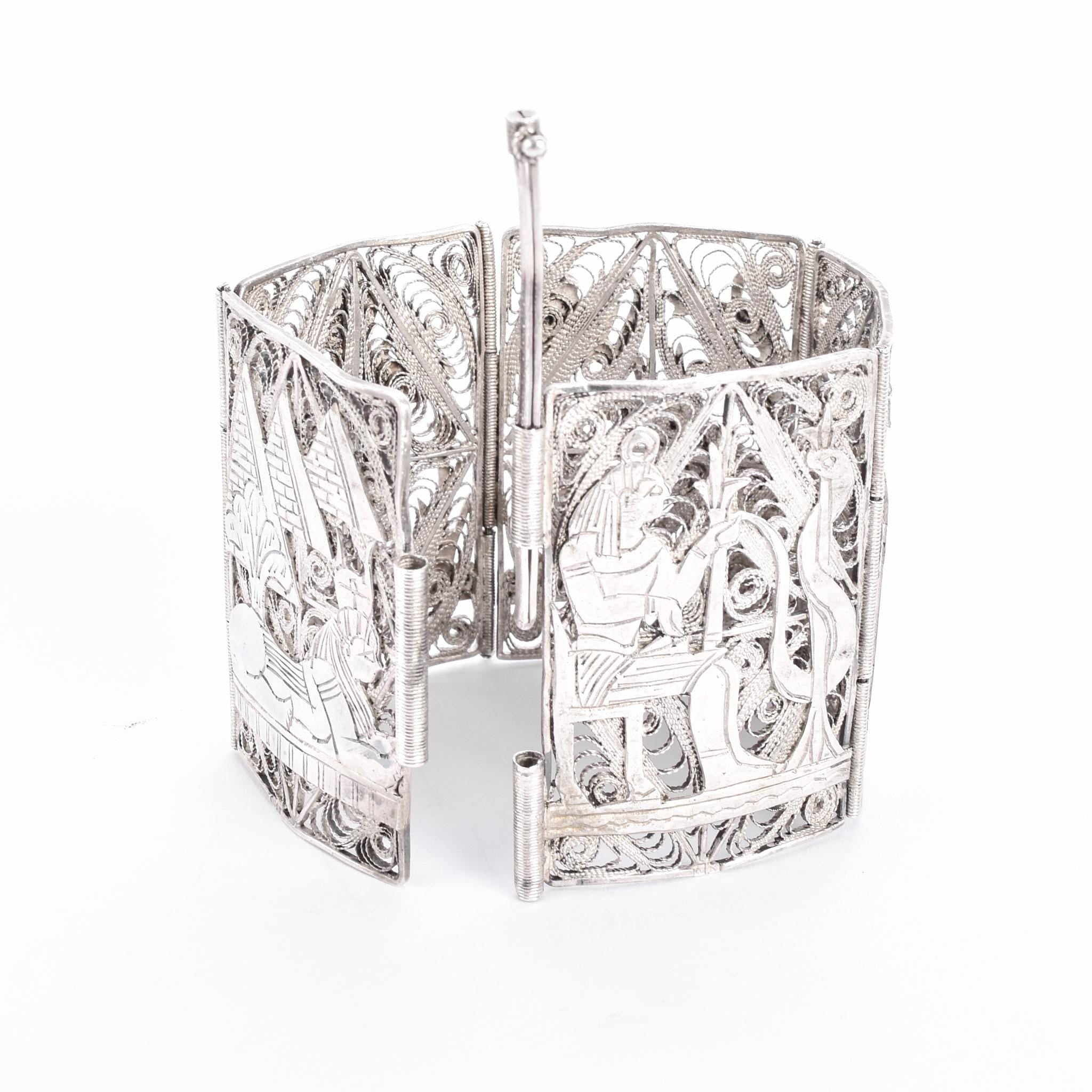 900 Silver Art Deco Egyptian Revival Filigree Storytelling Bracelet