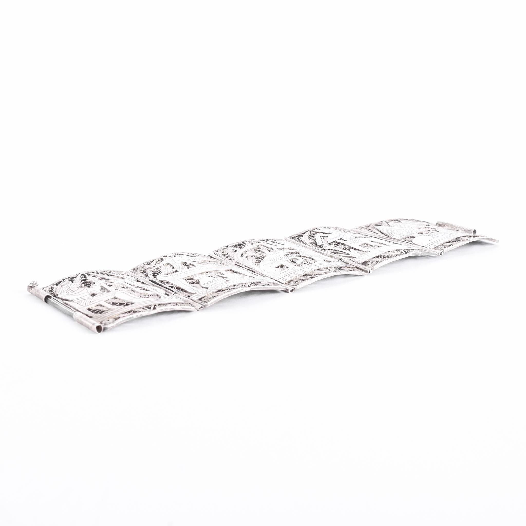 900 Silver Art Deco Egyptian Revival Filigree Storytelling Bracelet