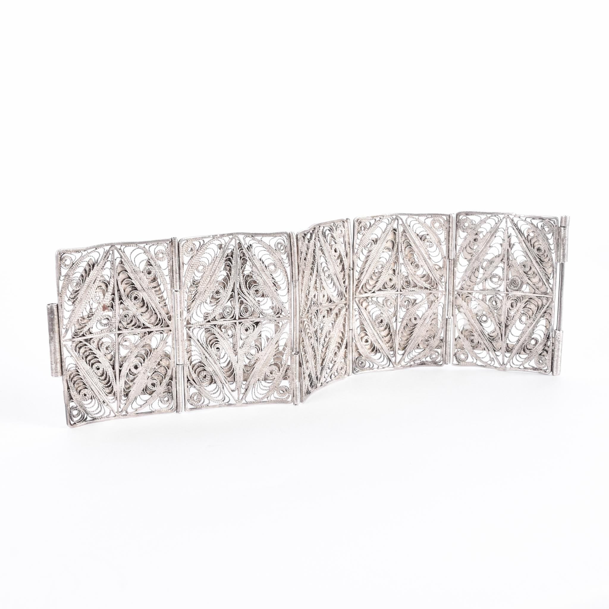 900 Silver Art Deco Egyptian Revival Filigree Storytelling Bracelet
