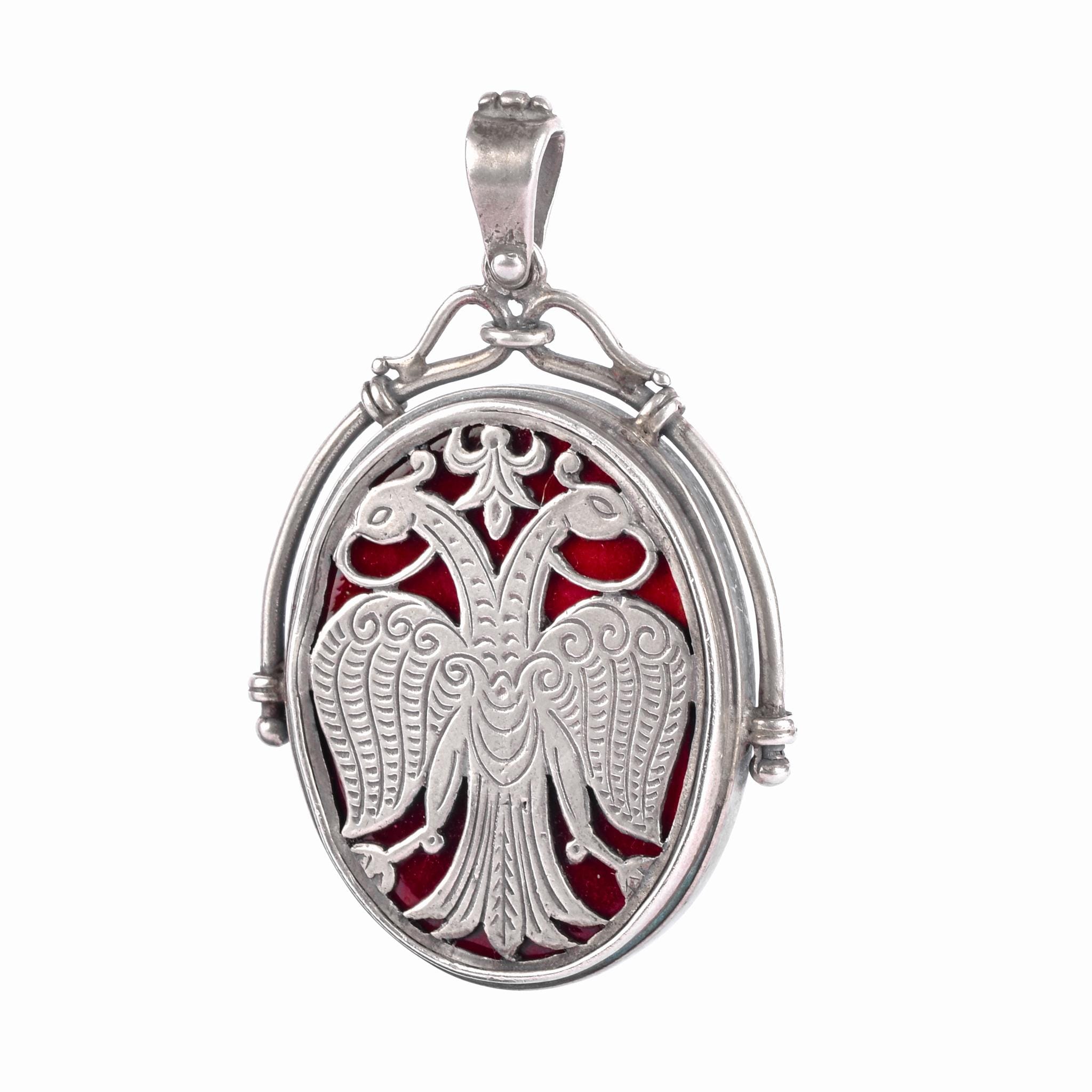Sterling Silver & Red Enamel Two-Headed Swan Pendant