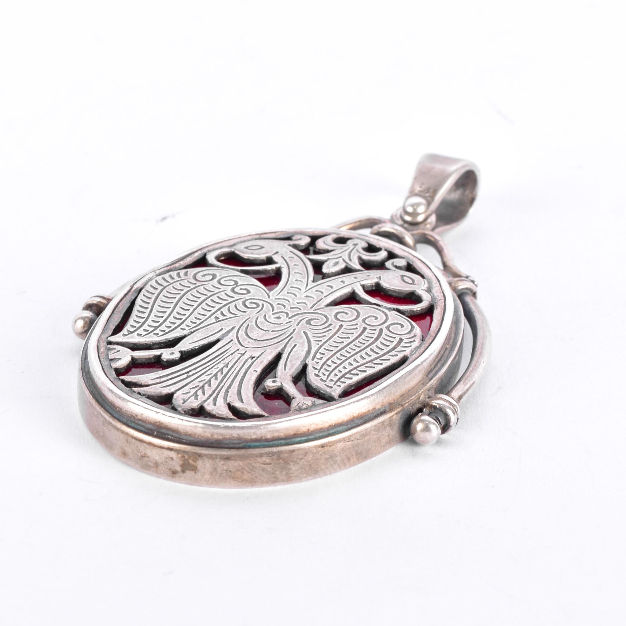 Sterling Silver & Red Enamel Two-Headed Swan Pendant